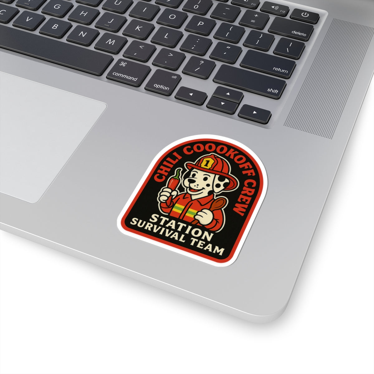 Chili Cookoff Crew – Station Survival Team Sticker – Funny Firefighter Vinyl Decal with Dalmatian Chef Design