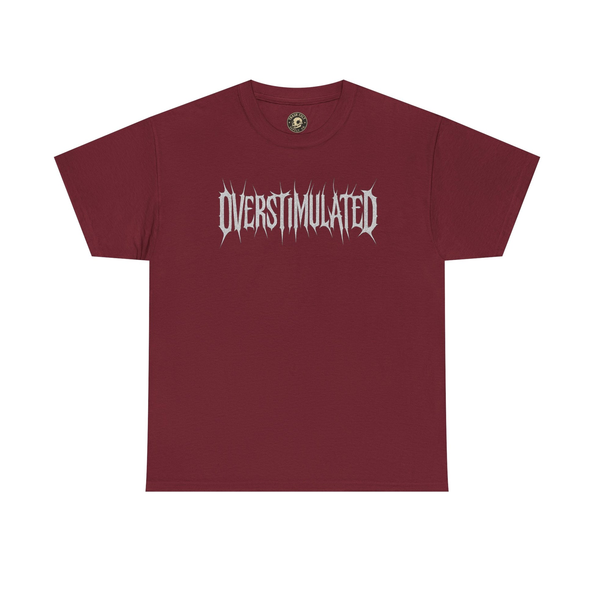 OVERSTIMULATED Metalcore Grunge Shirt – White on Black Distressed Font Tee