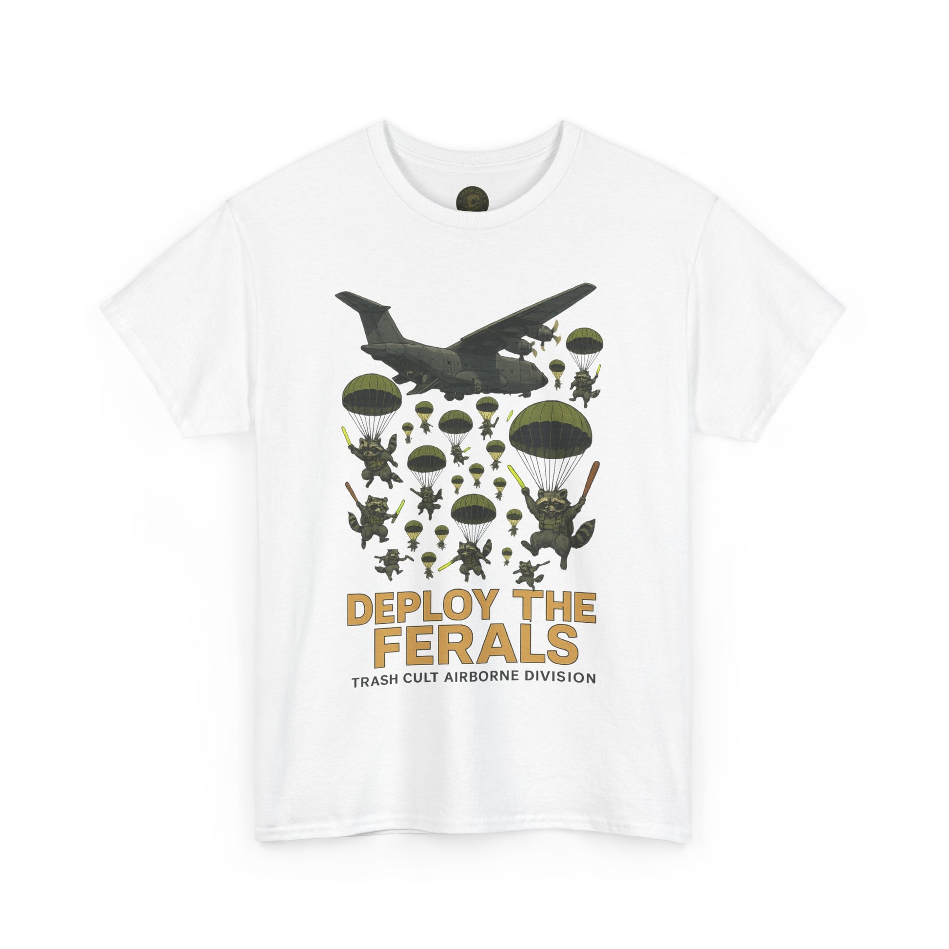 Deploy the Ferals T-Shirt – Airborne Raccoon Drop Graphic | Trash Cult Supply Co. | Gildan 5000 Heavy Cotton Tee