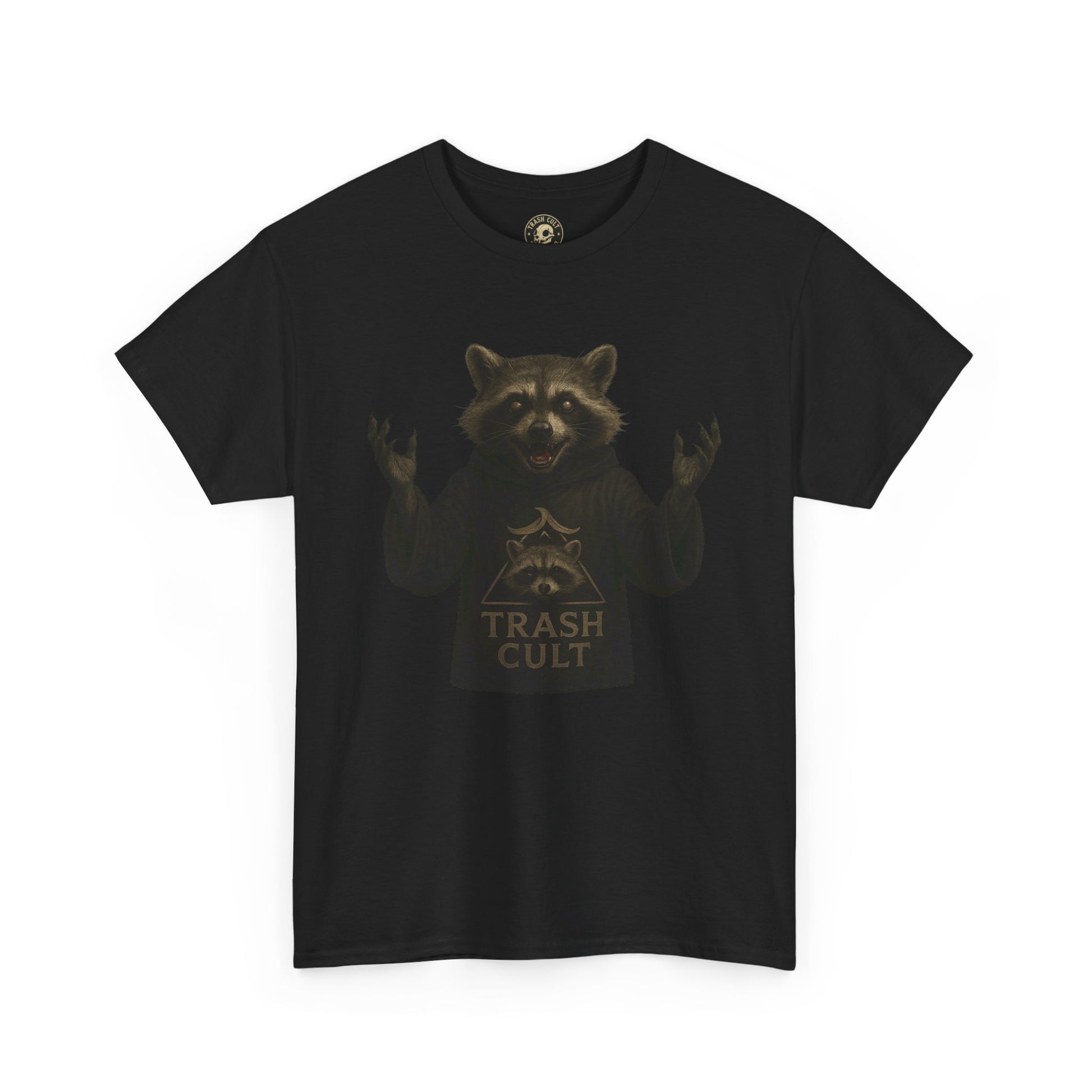 Raccoon Cult Leader Shirt – Trash Cult Unhinged Mascot Tee for Dark Fabrics | Gildan 5000