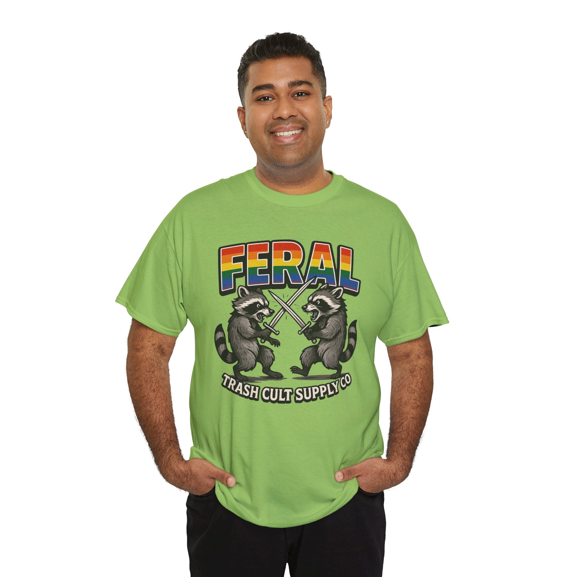 FERAL Rainbow Raccoon Sword Fighting Graphic Tee – Gildan 5000 Heavy Cotton