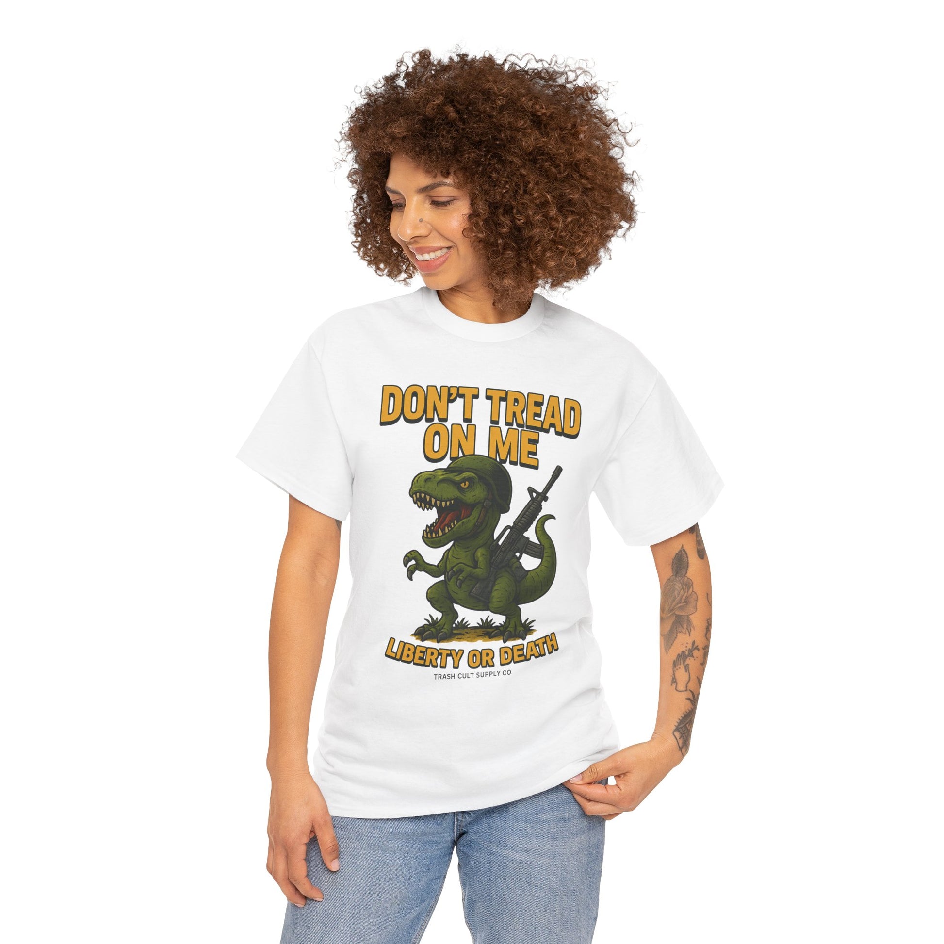 Don’t Tread On Me T-Rex T-Shirt – Liberty or Death Graphic | Trash Cult Supply Co. | Gildan 5000 Heavy Cotton