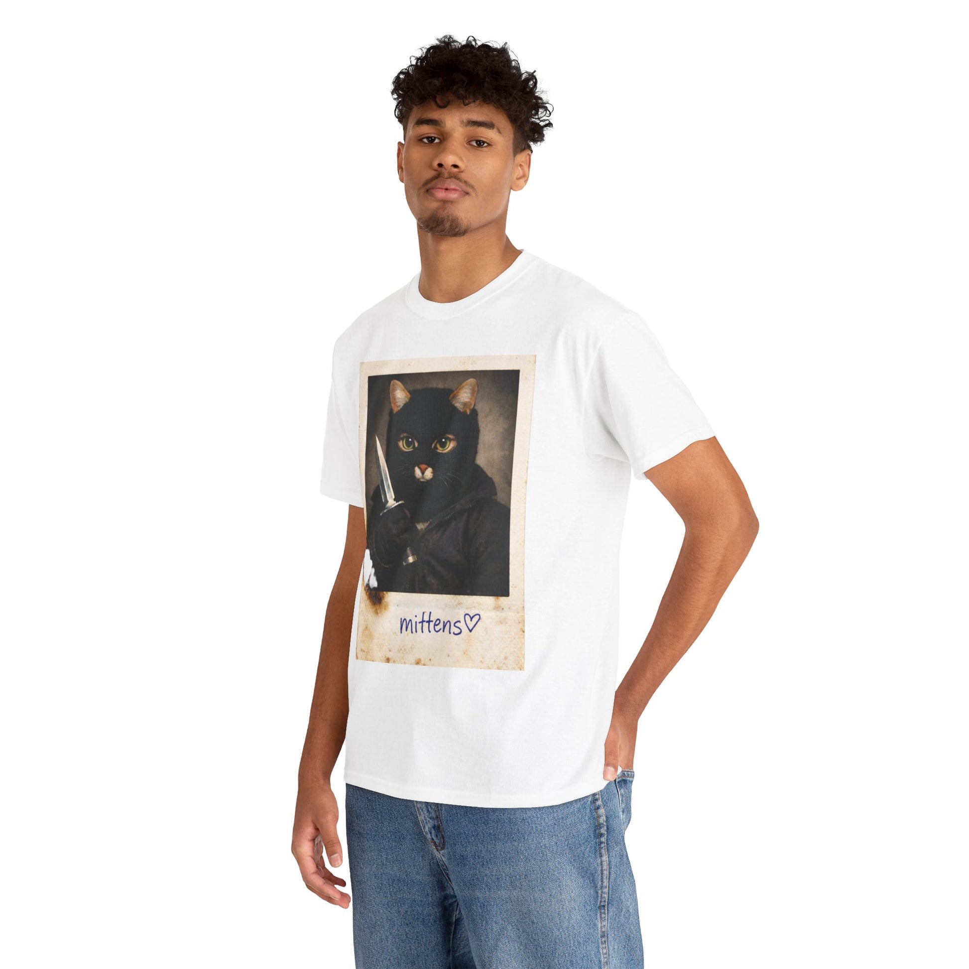 Cat With Knife Tee — "Mittens" Dark Humor Vintage Polaroid Graphic T-Shirt