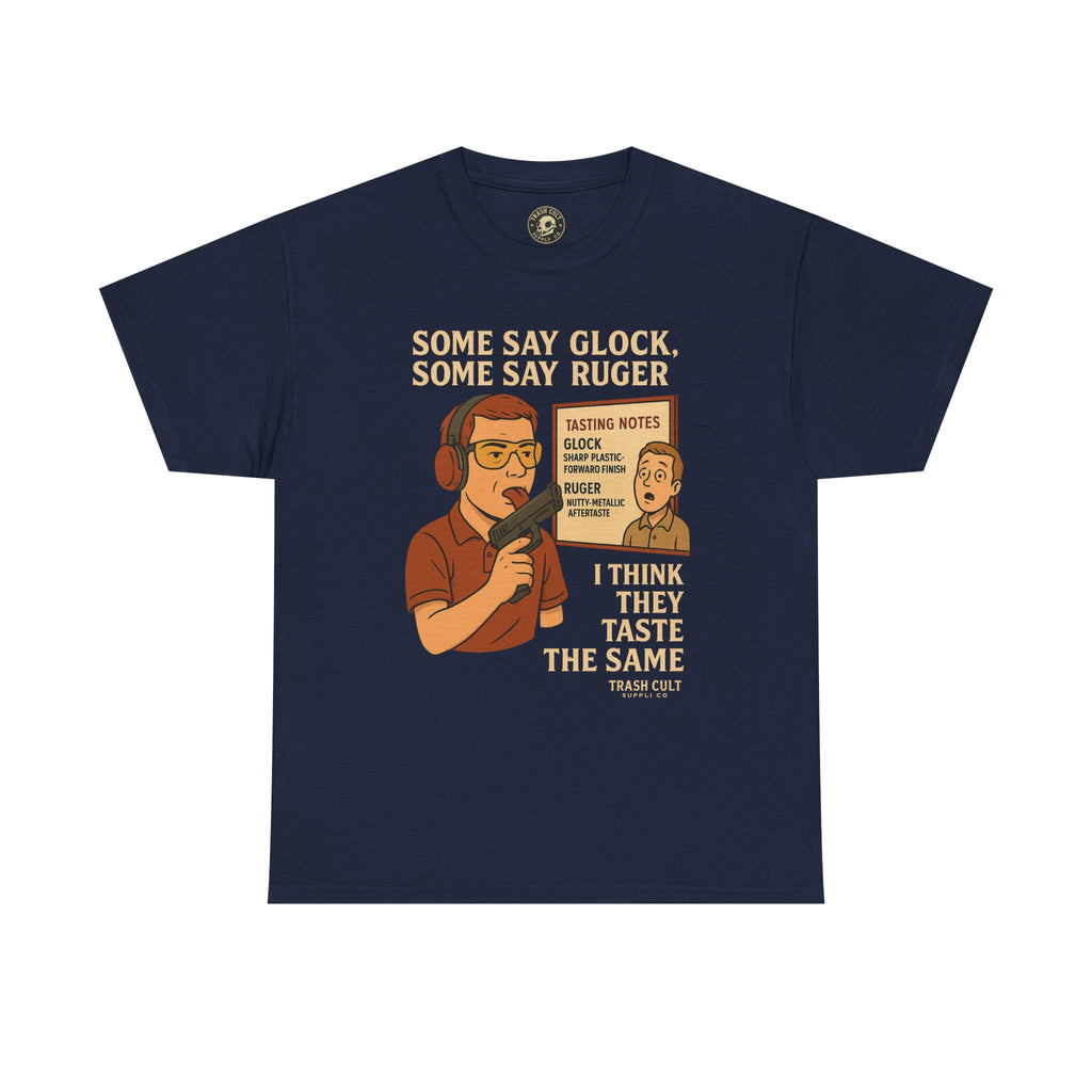 Glock vs Ruger Mouthfeel Shirt – Funny Gun Show Parody Tee | Dark Humor Firearm Tasting Notes Shirt