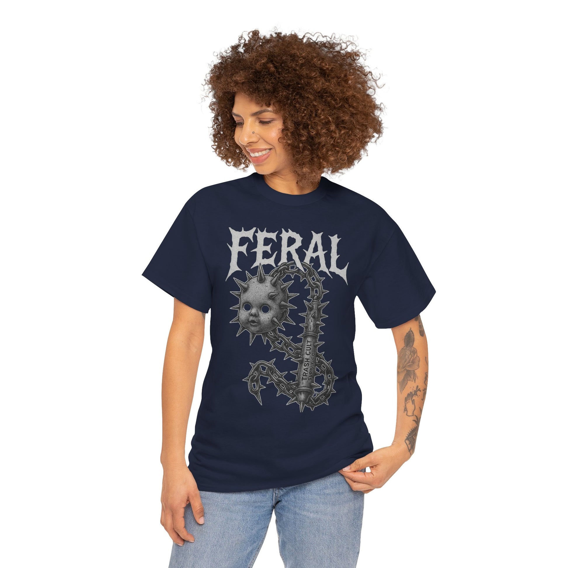 FERAL Spiked Doll Flail Tee – Halftone Gothic Weapon Shirt | Trash Cult Supply Co. | Gildan 5000