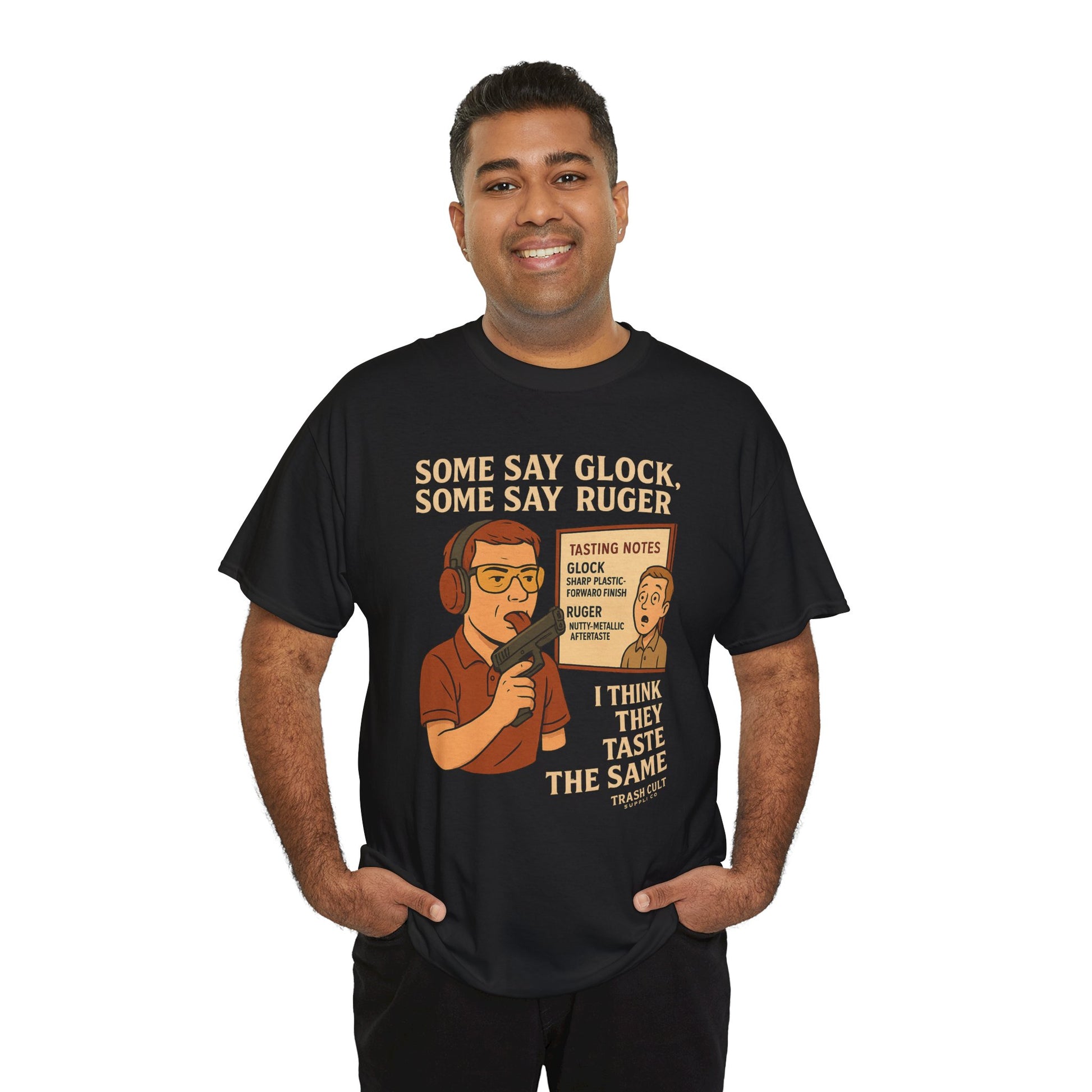 Glock vs Ruger Mouthfeel Shirt – Funny Gun Show Parody Tee | Dark Humor Firearm Tasting Notes Shirt