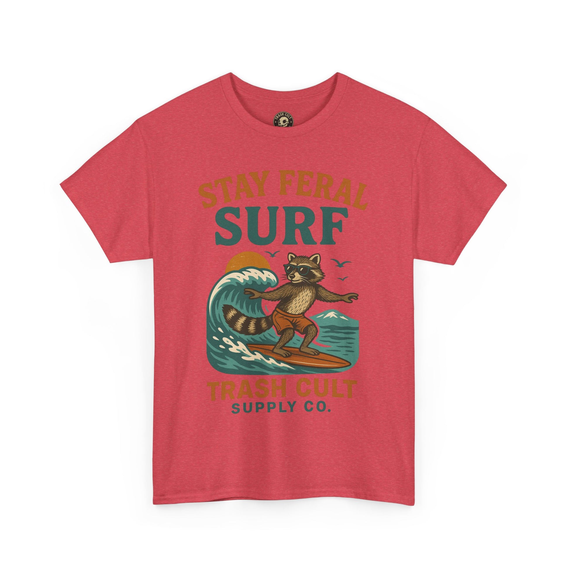 Stay Feral Surf Shirt – Retro Raccoon Beach Tee – Trash Cult Supply Co – Gildan 5000