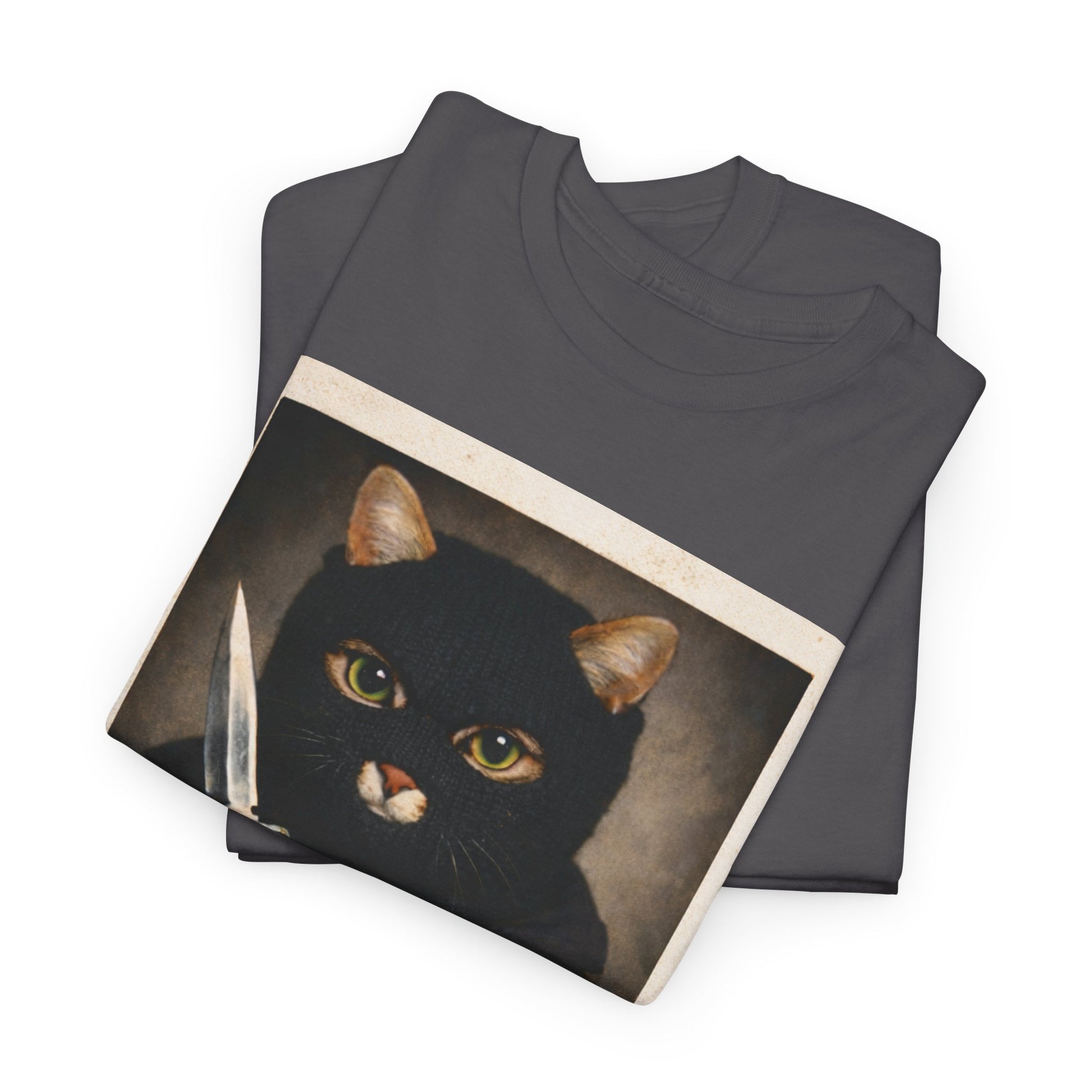 Cat With Knife Tee — "Mittens" Dark Humor Vintage Polaroid Graphic T-Shirt
