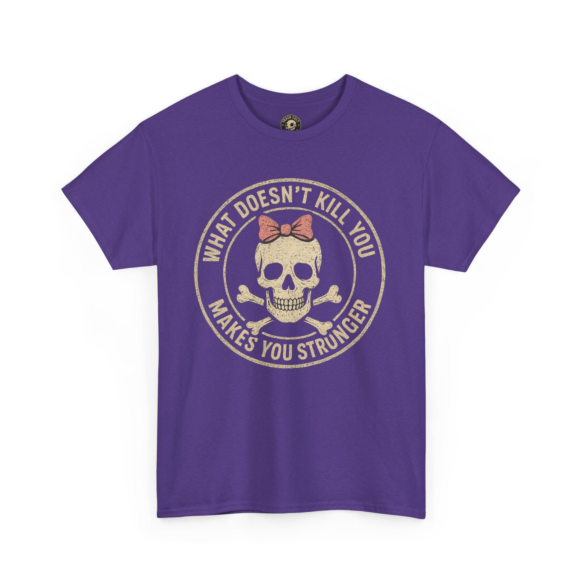 “What Doesn’t Kill You Makes You Stronger” Skull & Bow T-Shirt – Vintage Grunge Graphic | Gildan 5000