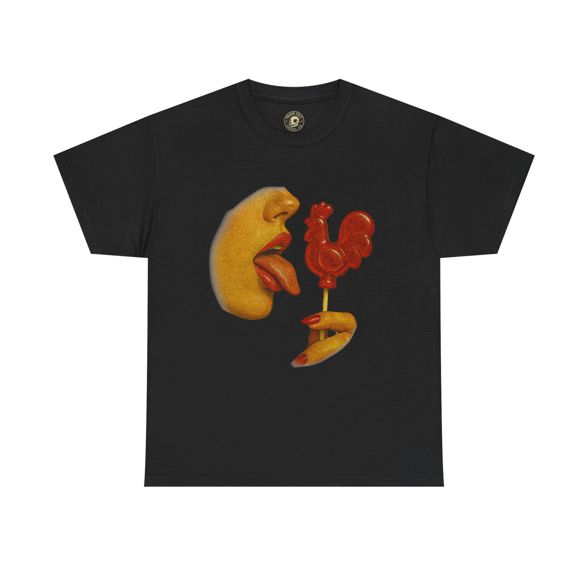 Bold Retro Halftone Tease – Red Rooster Lollipop Graphic Tee