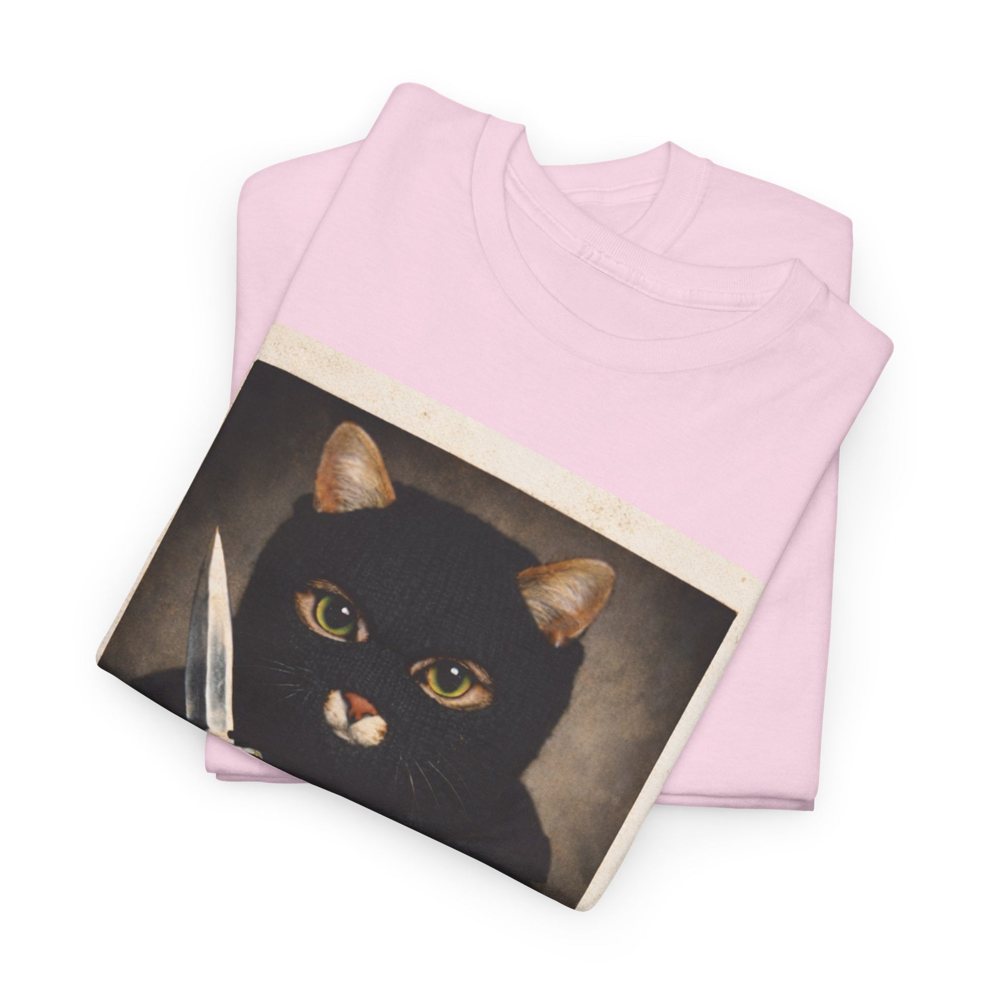 Cat With Knife Tee — "Mittens" Dark Humor Vintage Polaroid Graphic T-Shirt