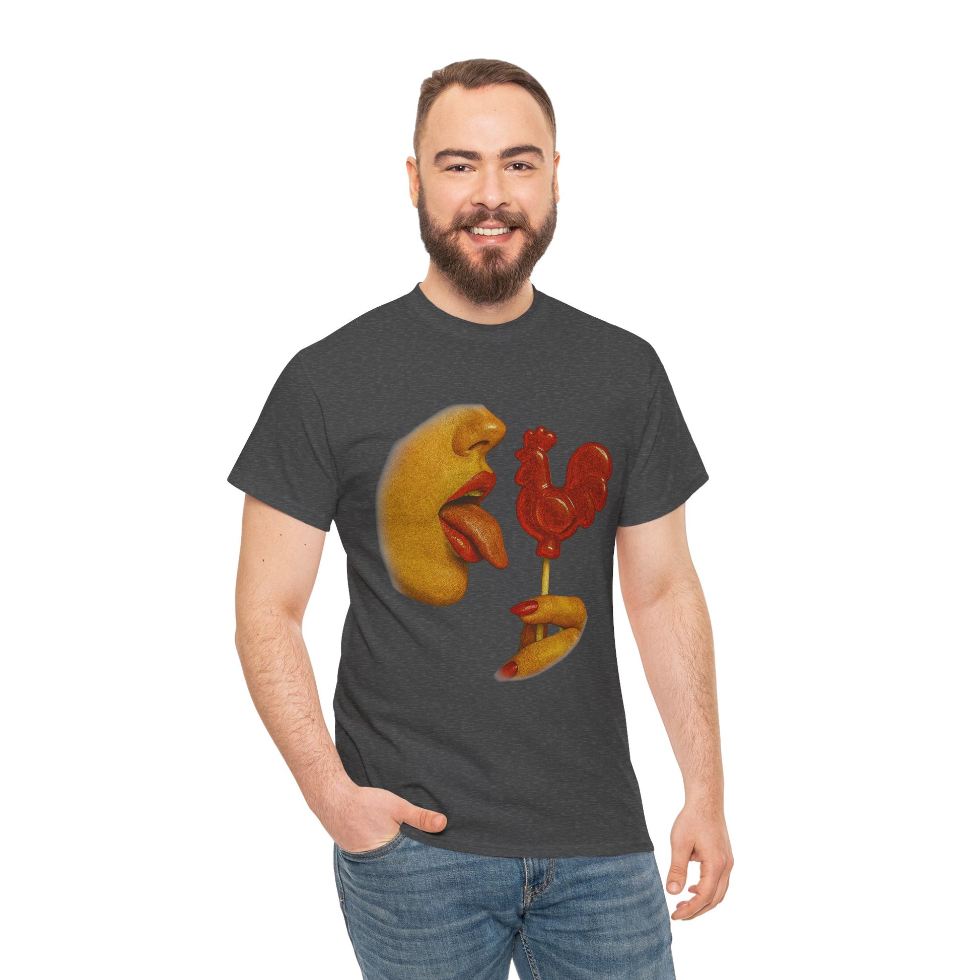 Bold Retro Halftone Tease – Red Rooster Lollipop Graphic Tee