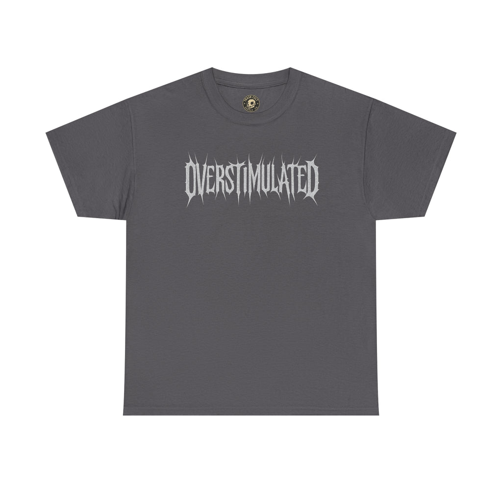 OVERSTIMULATED Metalcore Grunge Shirt – White on Black Distressed Font Tee