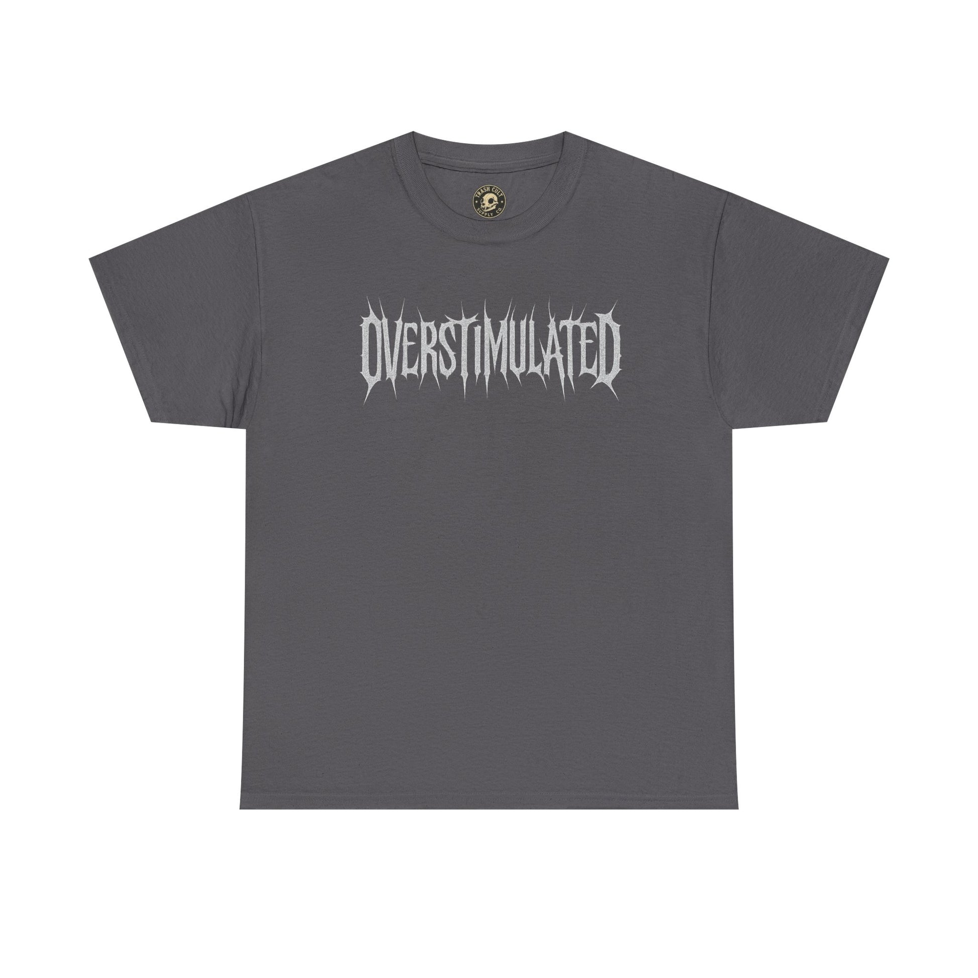 OVERSTIMULATED Metalcore Grunge Shirt – White on Black Distressed Font Tee