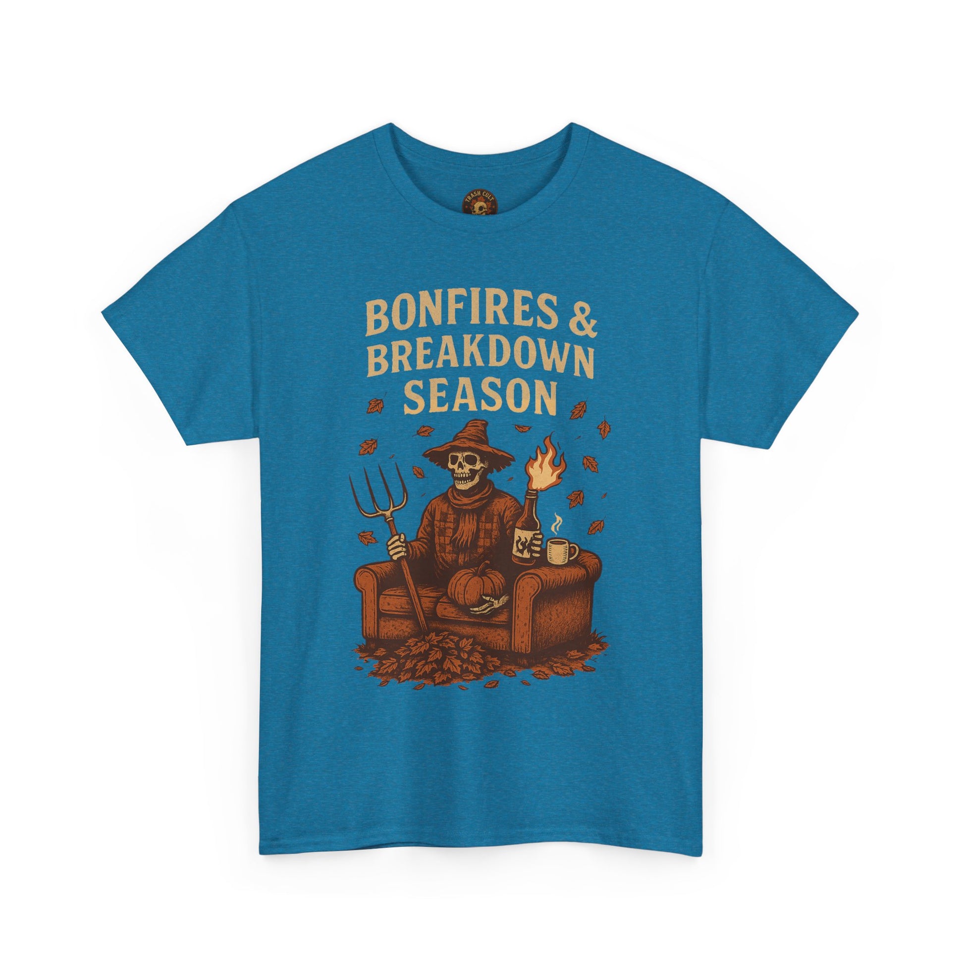 Bonfires & Breakdown Season Shirt – Skeleton Couch Chaos Tee – Fall of Humanity Collection – Trash Cult Supply Co.
