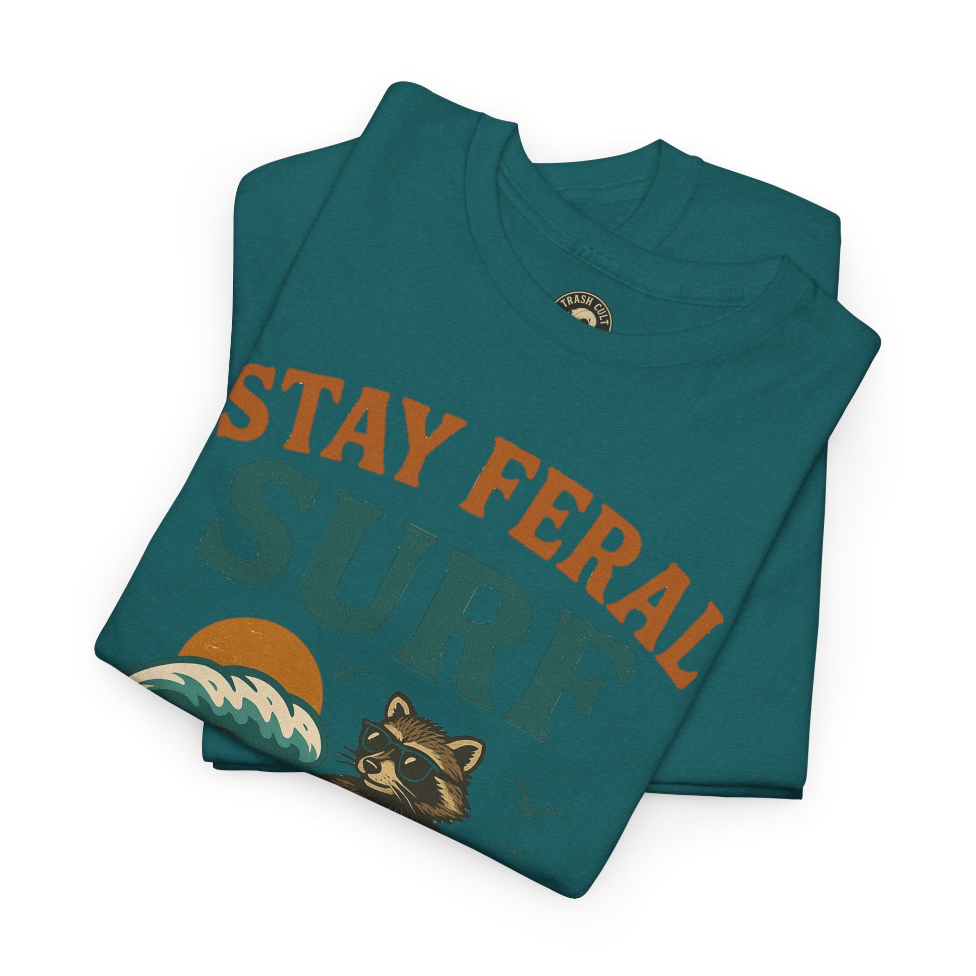 Stay Feral Surf Shirt – Retro Raccoon Beach Tee – Trash Cult Supply Co – Gildan 5000