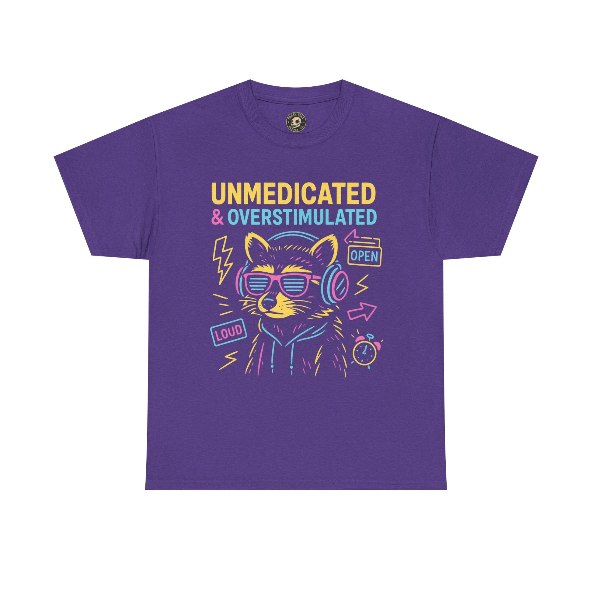 Unmedicated & Overstimulated Neon Raccoon ADHD Shirt – Trash Cult Supply Co. – Gildan 5000