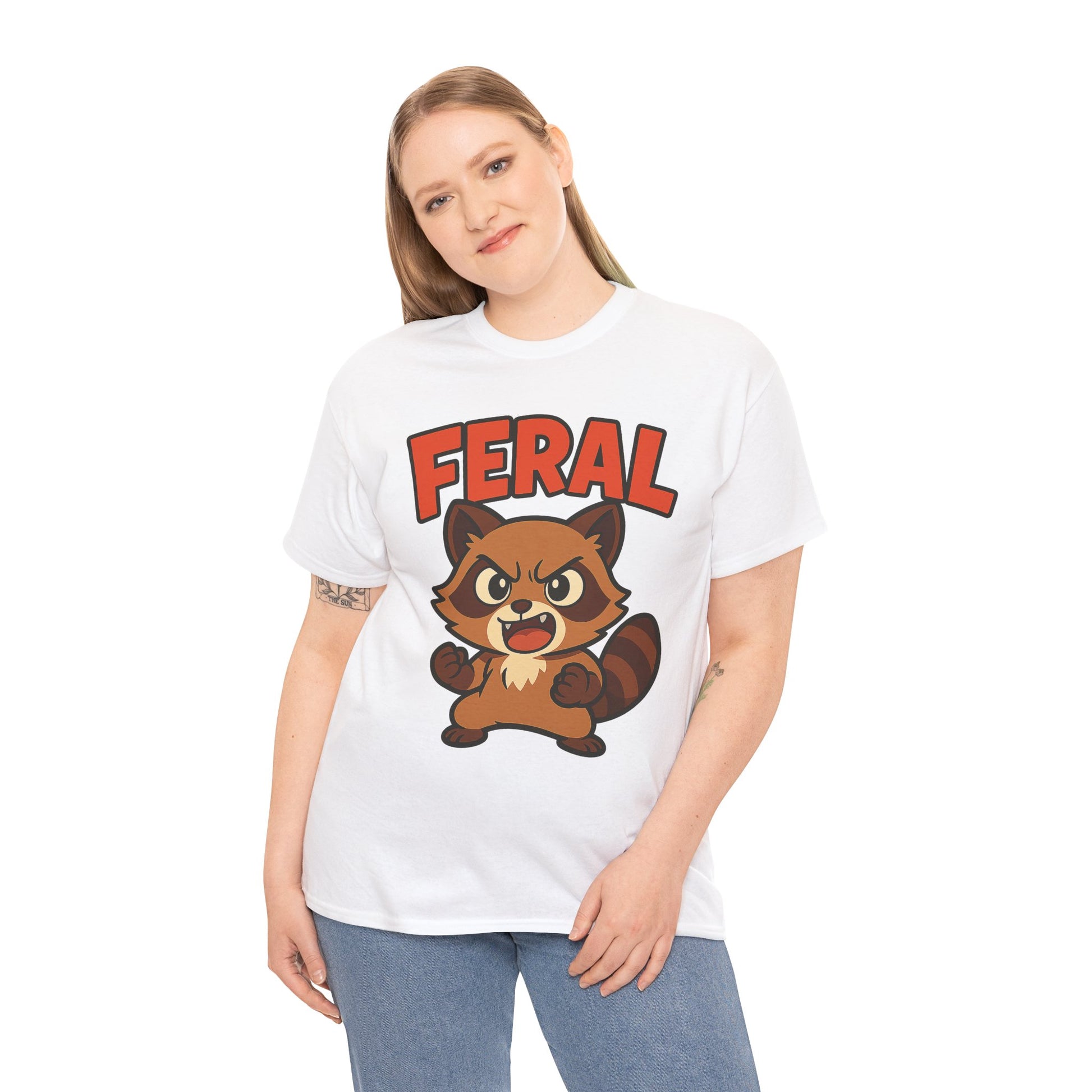 Feral Cartoon Tee - Unisex Heavy Cotton Shirt, Cute Graphic, Animal Lovers Gift, Casual Wear, Fun T-Shirt for Kids & Adults