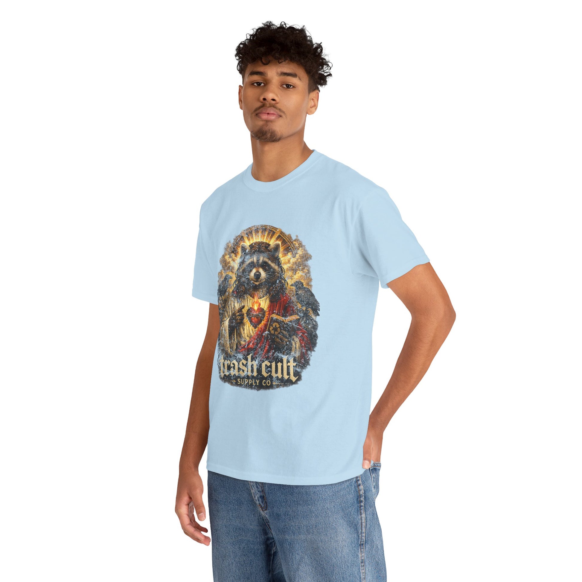 Raccoon Saint Graphic Tee — “Trash Cult” Vintage Devotional Design
