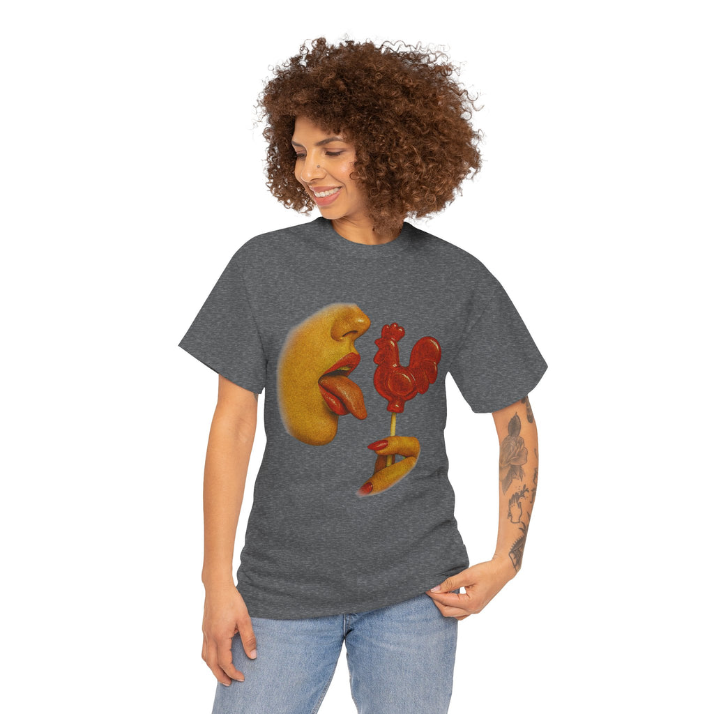 Bold Retro Halftone Tease – Red Rooster Lollipop Graphic Tee