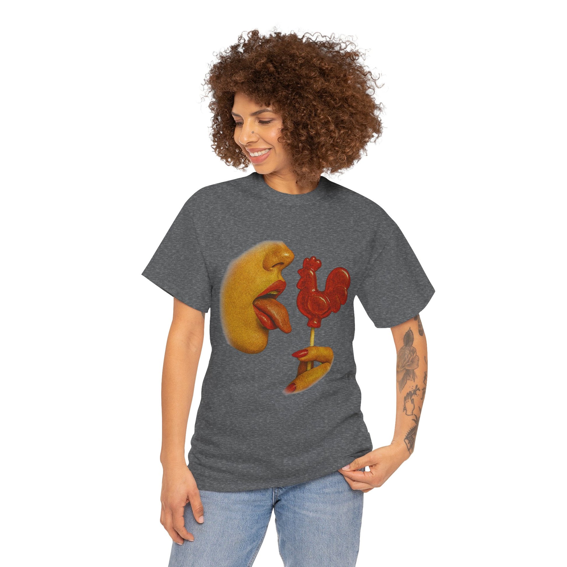 Bold Retro Halftone Tease – Red Rooster Lollipop Graphic Tee