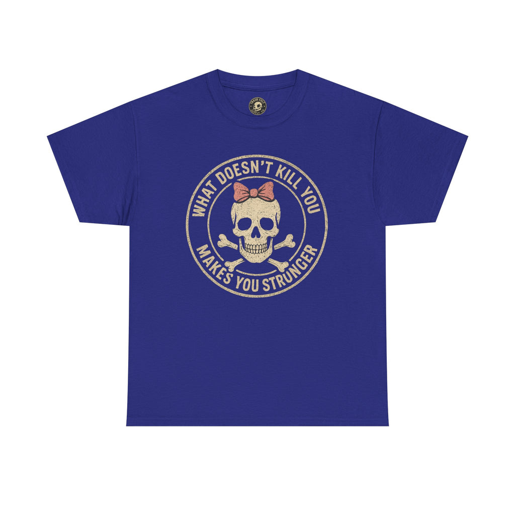 “What Doesn’t Kill You Makes You Stronger” Skull & Bow T-Shirt – Vintage Grunge Graphic | Gildan 5000