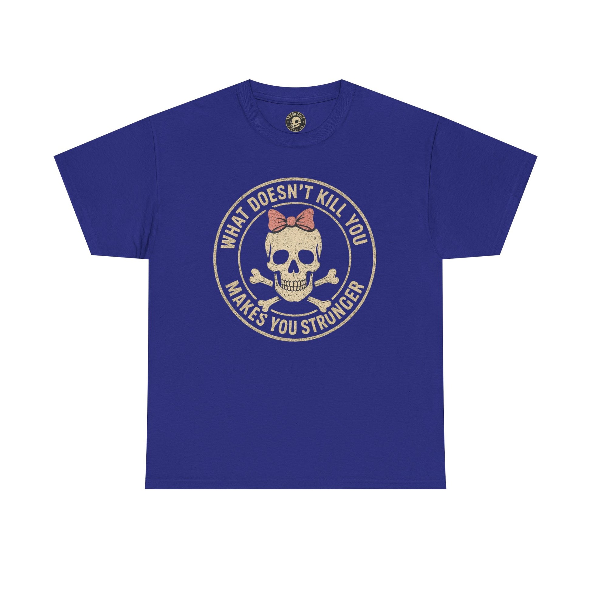 “What Doesn’t Kill You Makes You Stronger” Skull & Bow T-Shirt – Vintage Grunge Graphic | Gildan 5000