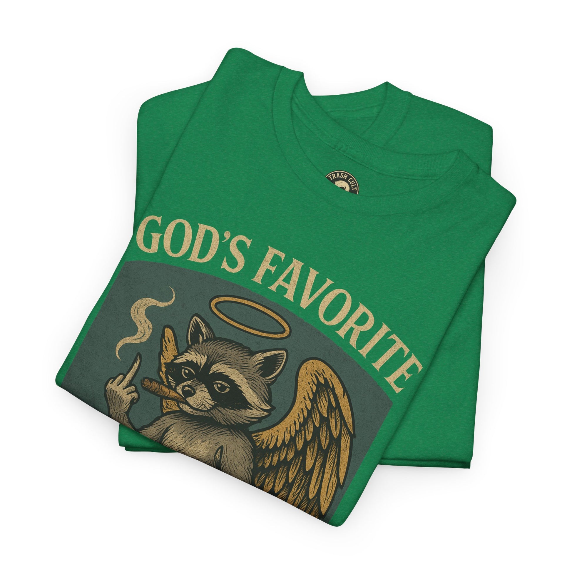 God’s Favorite Mistake Shirt – Raccoon Angel Flipping the Bird by Trash Cult Supply Co.