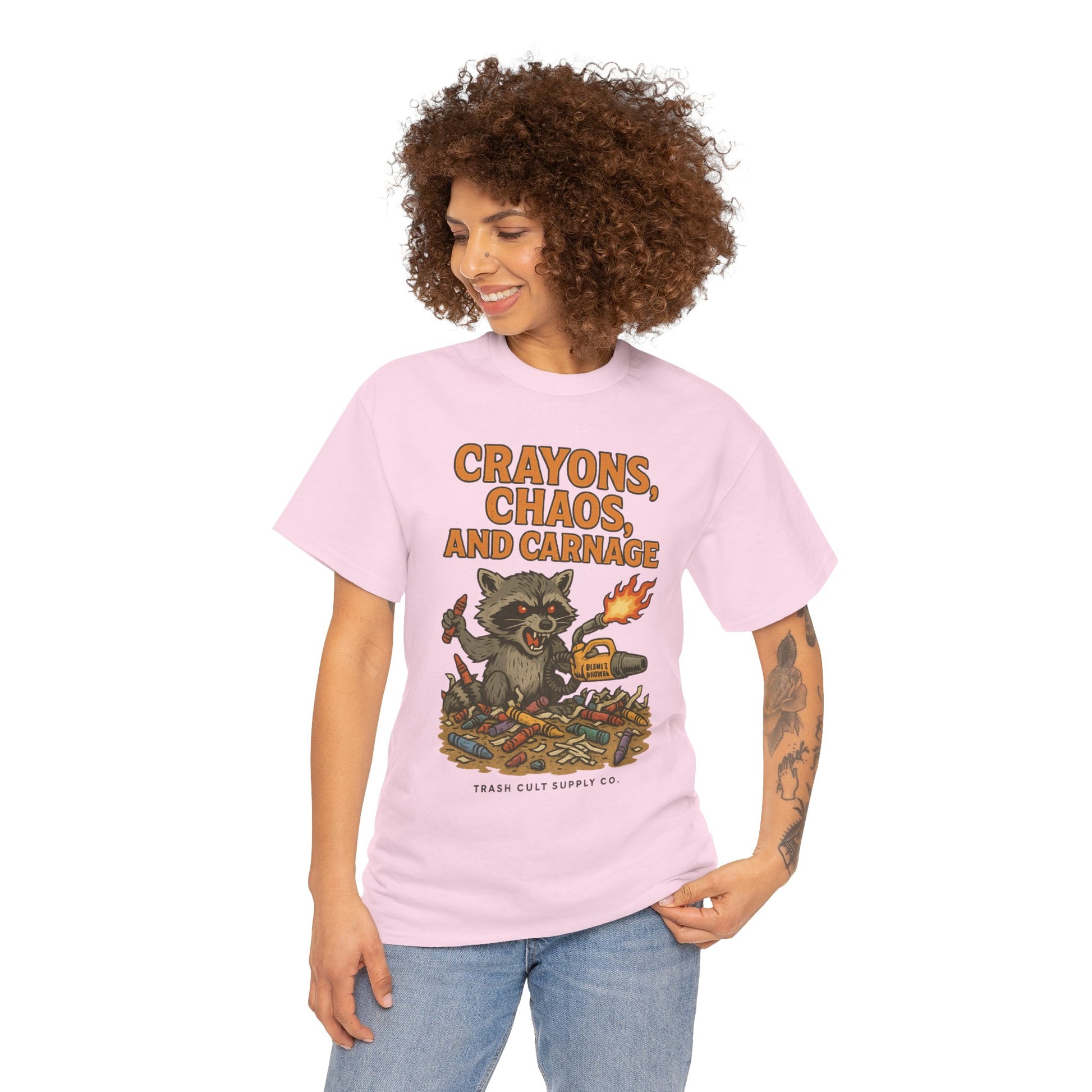 Crayons, Chaos, and Carnage T-Shirt – Dark Humor Raccoon Graphic | Trash Cult Supply Co. | Gildan 5000 Tee