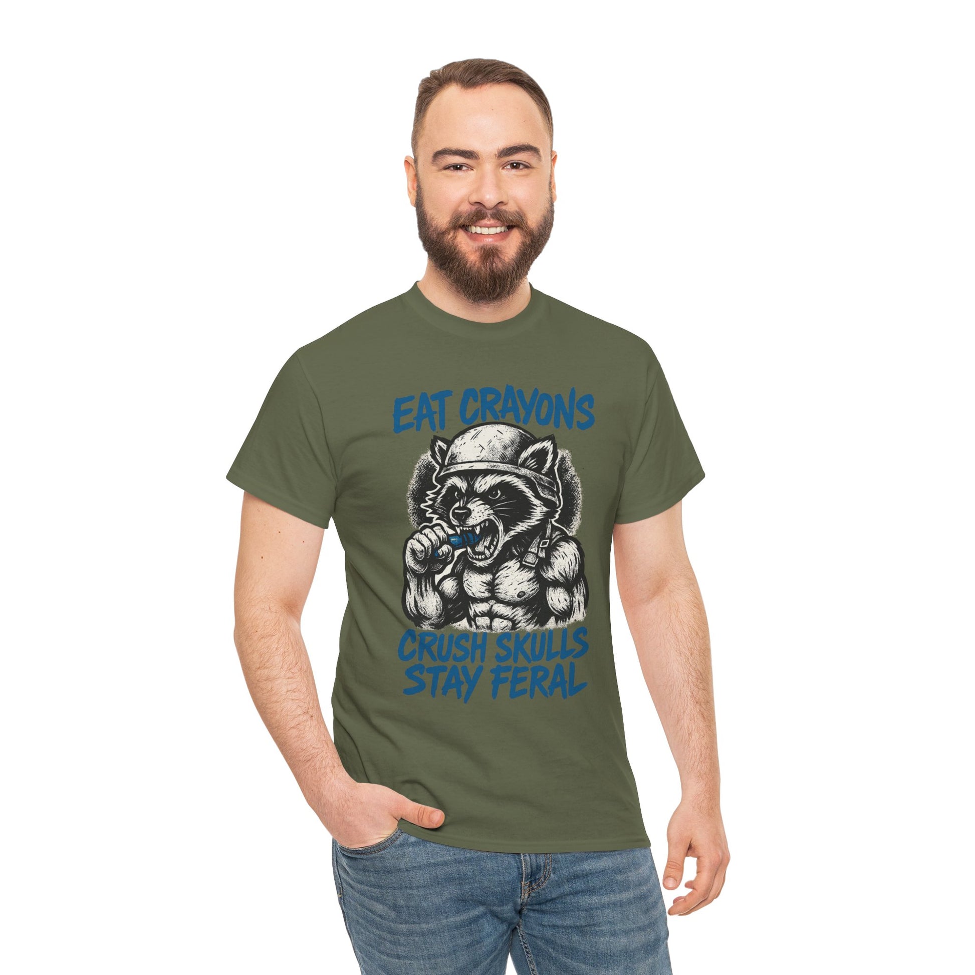 Eat Crayons Crush Skulls Stay Feral Military Raccoon Shirt – Gildan 5000