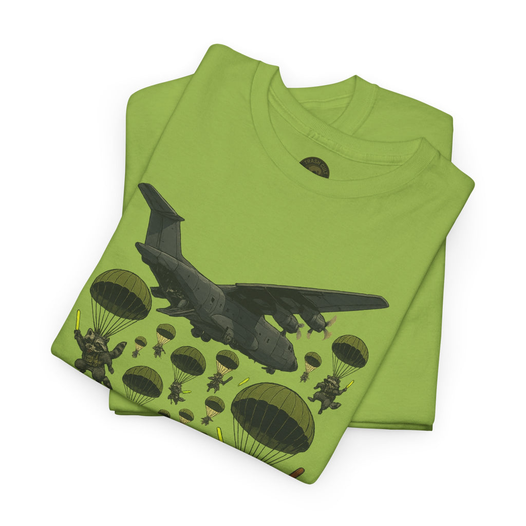 Deploy the Ferals T-Shirt – Airborne Raccoon Drop Graphic | Trash Cult Supply Co. | Gildan 5000 Heavy Cotton Tee