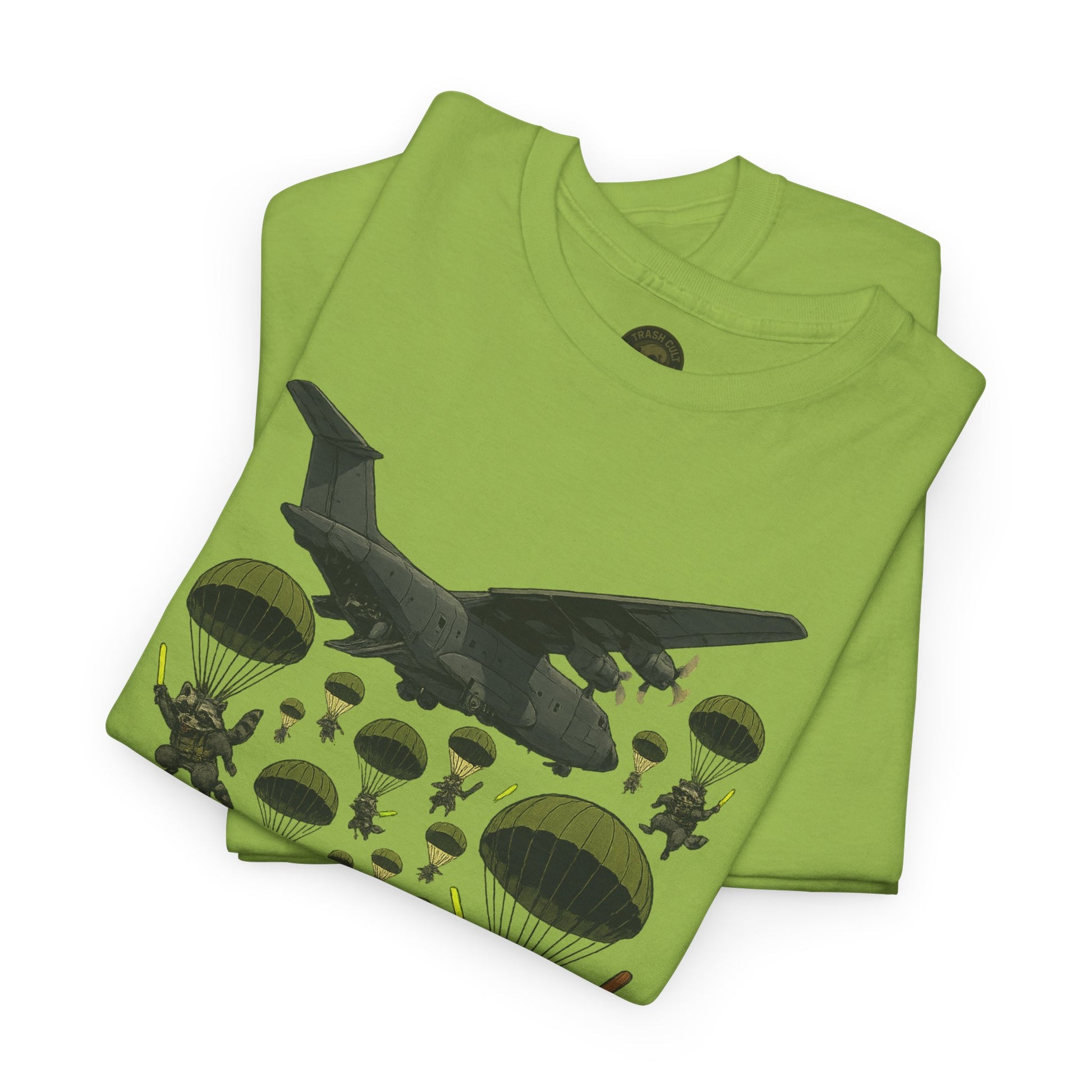 Deploy the Ferals T-Shirt – Airborne Raccoon Drop Graphic | Trash Cult Supply Co. | Gildan 5000 Heavy Cotton Tee
