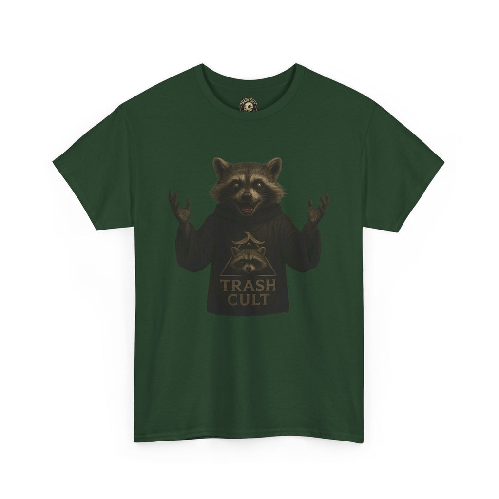 Raccoon Cult Leader Shirt – Trash Cult Unhinged Mascot Tee for Dark Fabrics | Gildan 5000