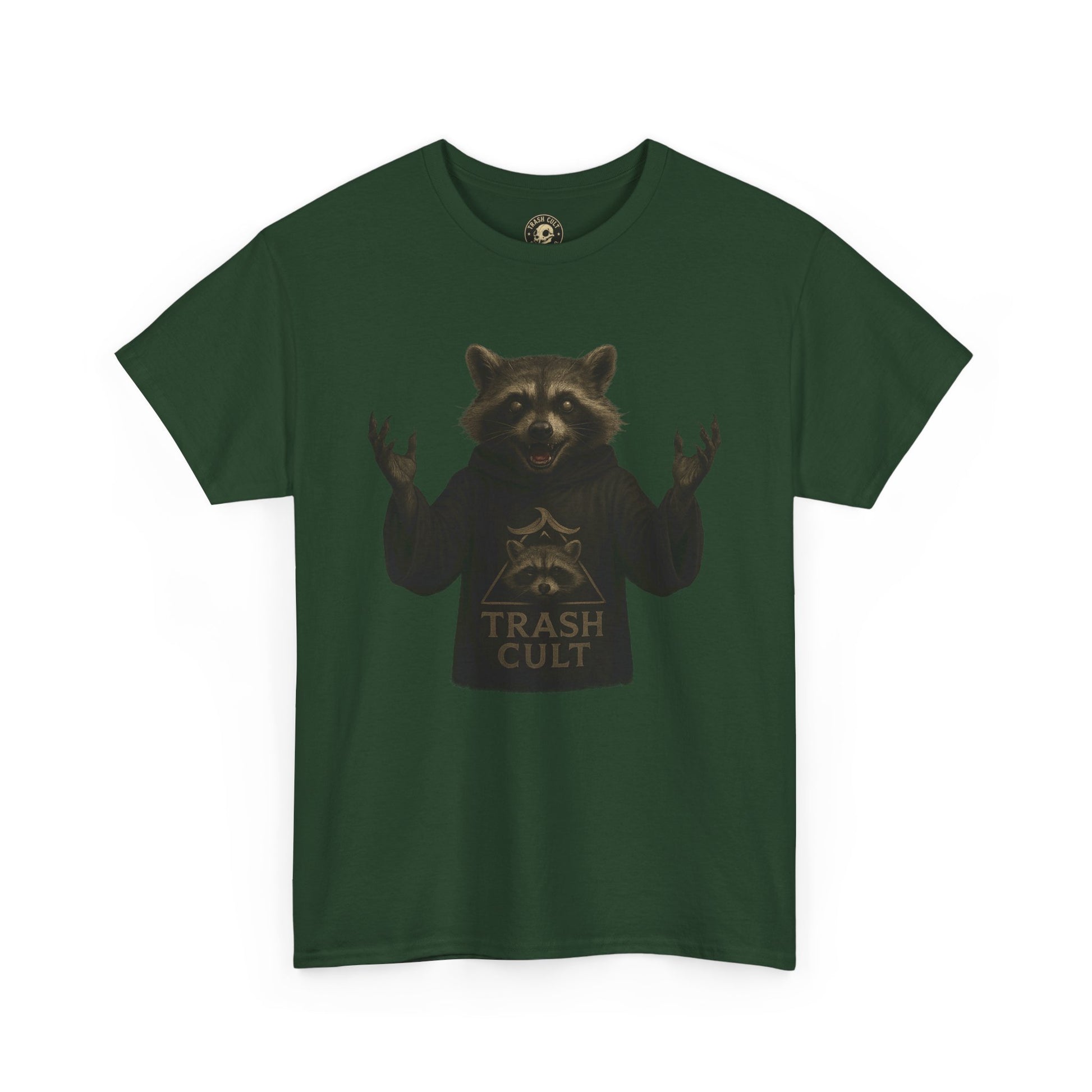 Raccoon Cult Leader Shirt – Trash Cult Unhinged Mascot Tee for Dark Fabrics | Gildan 5000