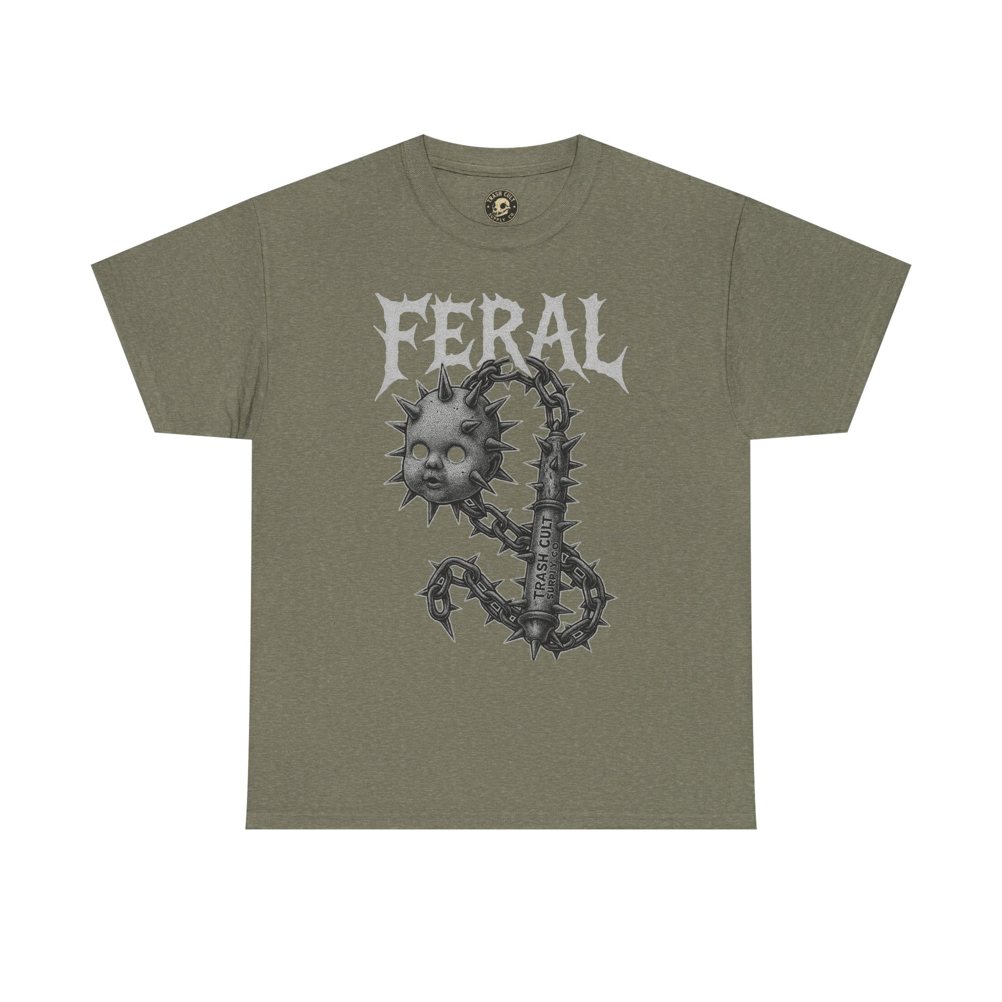 FERAL Spiked Doll Flail Tee – Halftone Gothic Weapon Shirt | Trash Cult Supply Co. | Gildan 5000