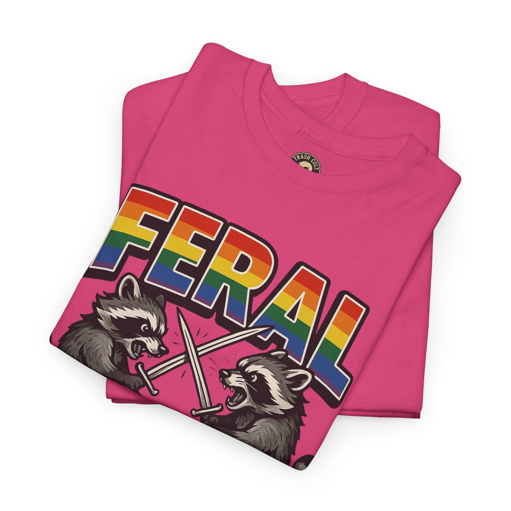 FERAL Rainbow Raccoon Sword Fighting Graphic Tee – Gildan 5000 Heavy Cotton