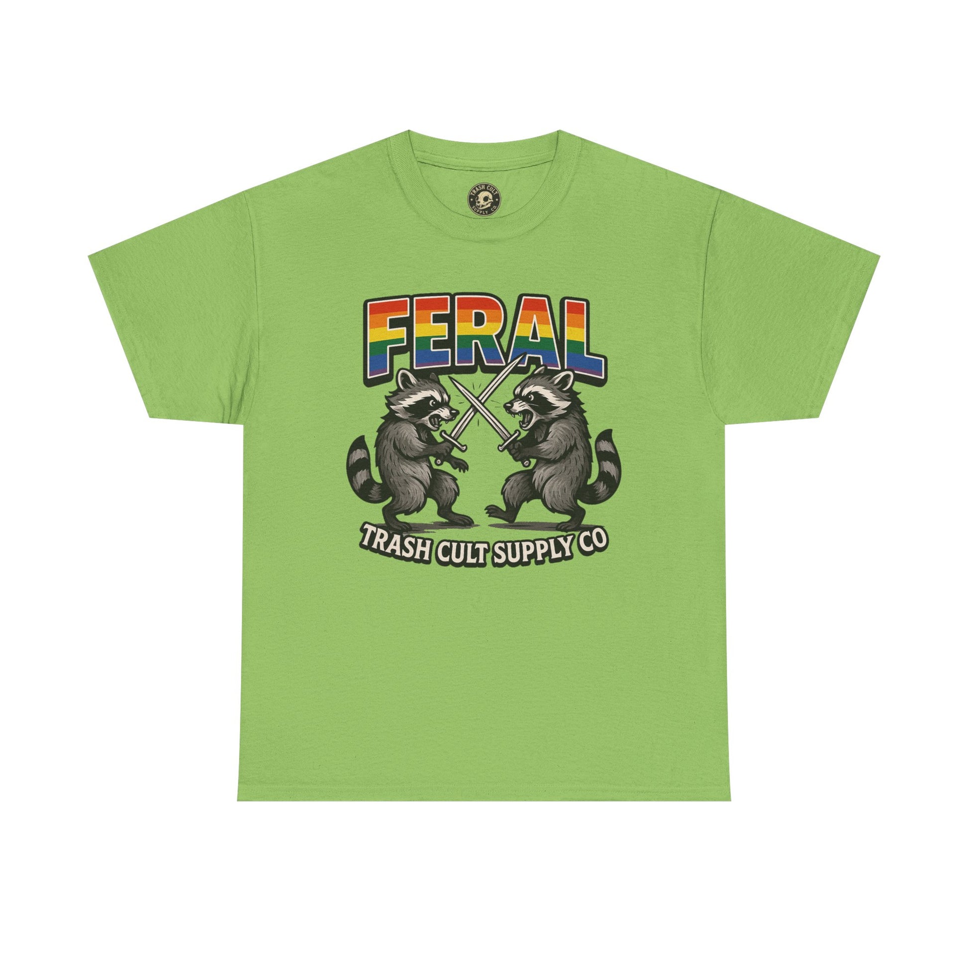FERAL Rainbow Raccoon Sword Fighting Graphic Tee – Gildan 5000 Heavy Cotton
