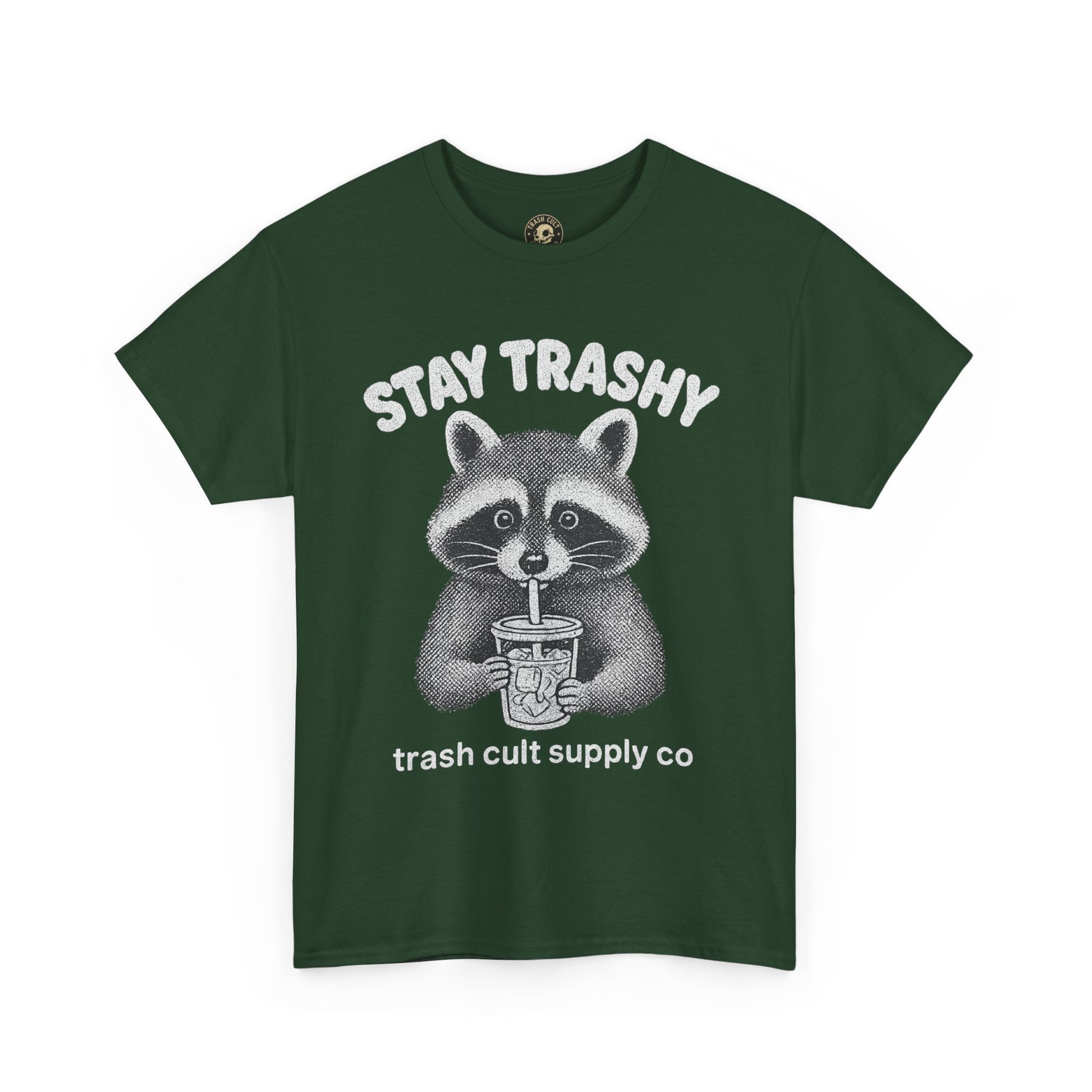 Stay Trashy Raccoon Iced Coffee Shirt – Halftone All White Design | Trash Cult Supply Co.