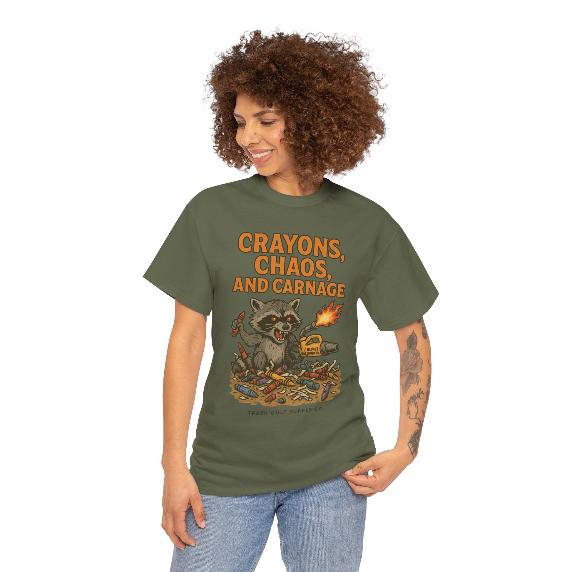Crayons, Chaos, and Carnage T-Shirt – Dark Humor Raccoon Graphic | Trash Cult Supply Co. | Gildan 5000 Tee