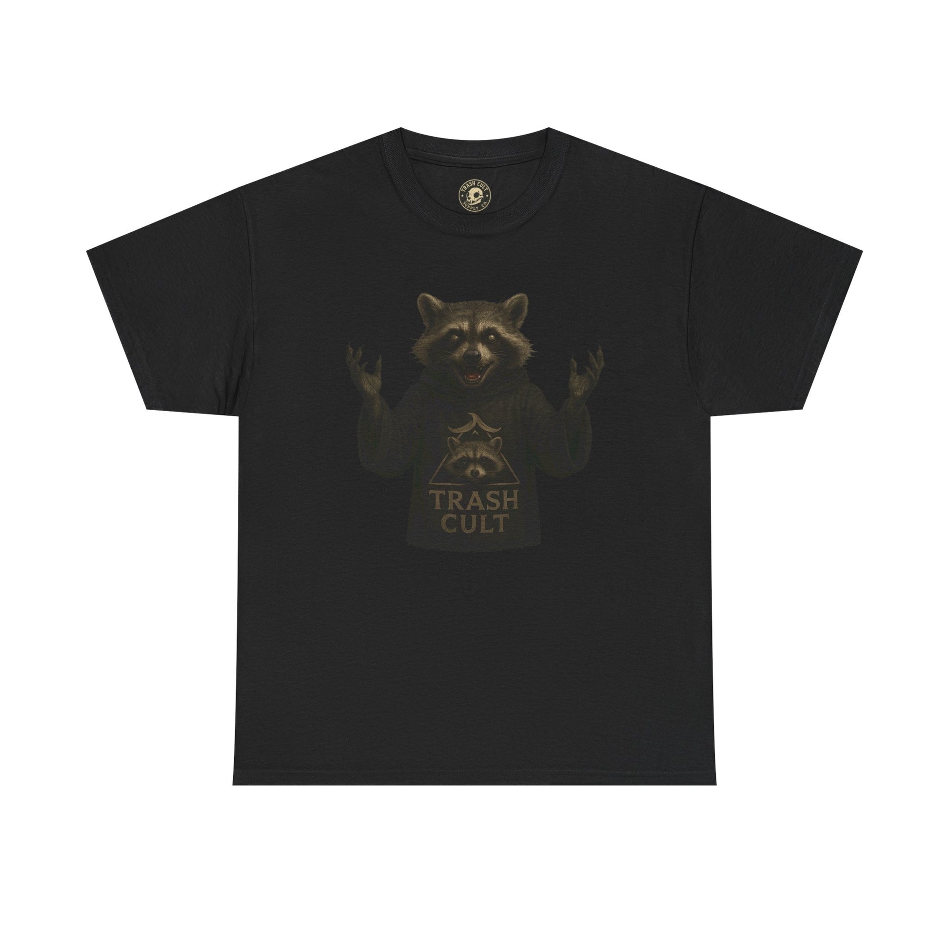 Raccoon Cult Leader Shirt – Trash Cult Unhinged Mascot Tee for Dark Fabrics | Gildan 5000