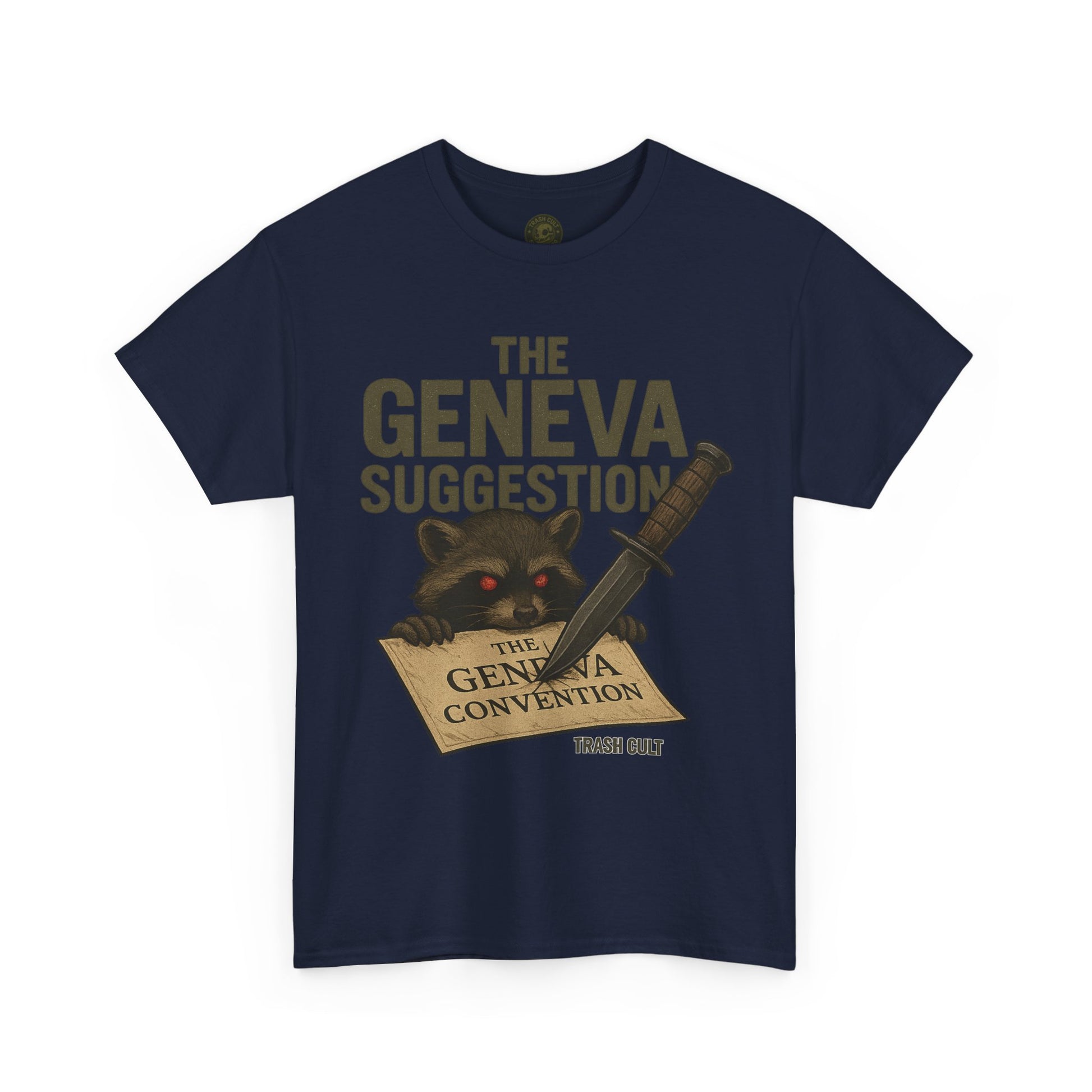 The Geneva Suggestion T-Shirt – Tactical Raccoon Dark Humor Tee | Trash Cult Supply Co. | Gildan 5000