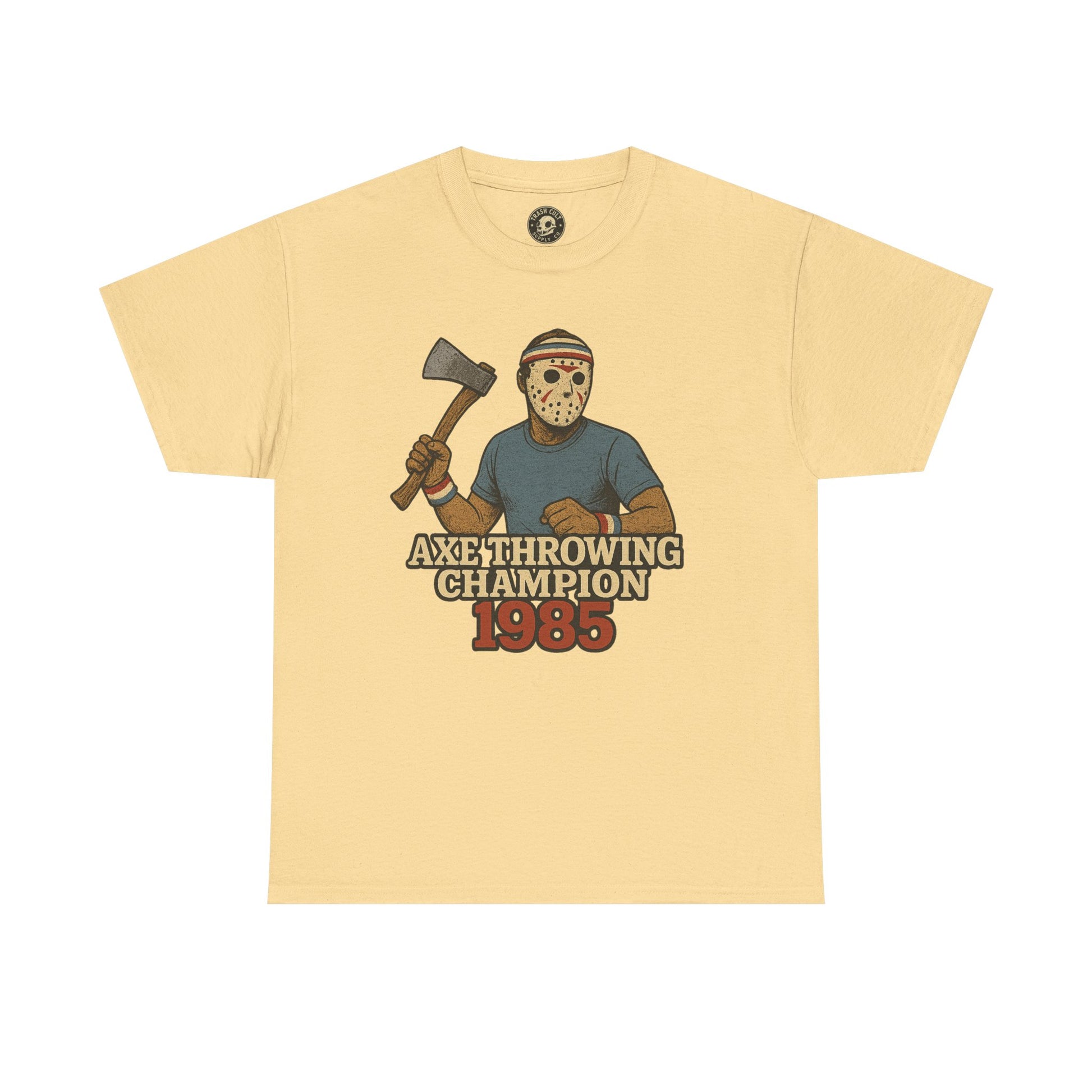 Jason Voorhees Axe Throwing Champion 1985 T-Shirt – Retro Slasher Workout Parody | Gildan 5000 Tee