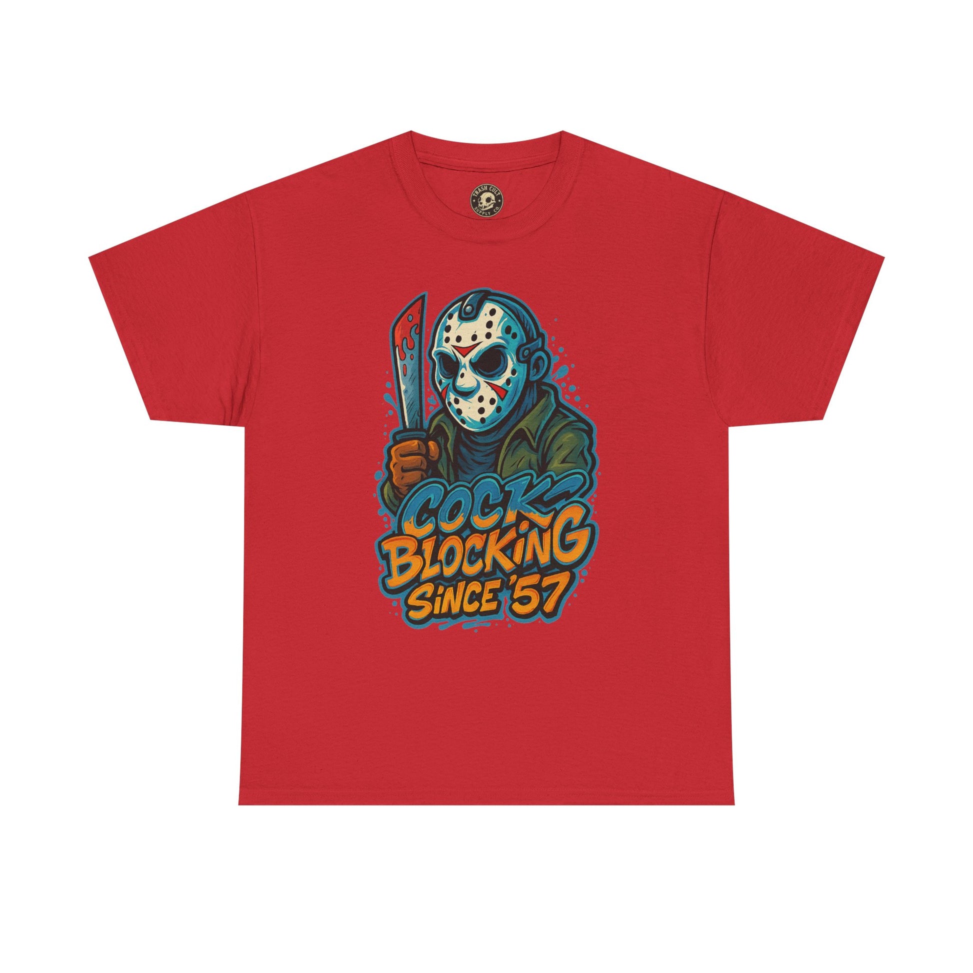 Jason Voorhees “Cock Blocking Since ’57” Funny Horror T-Shirt – Gildan 5000 | Slasher Meme Graphic Tee