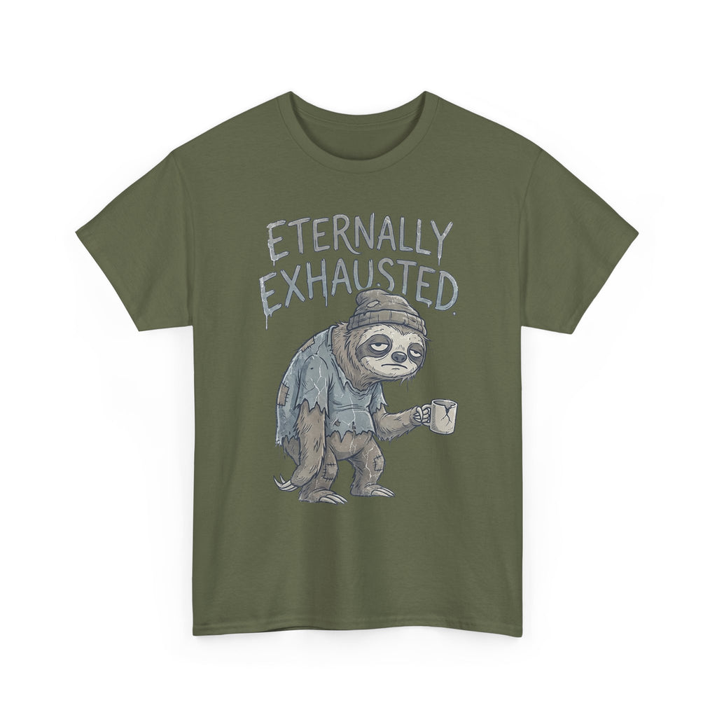 T-Shirt — 'Eternally Exhausted' Sloth Graphic Tee (Funny Coffee Lover Gift)