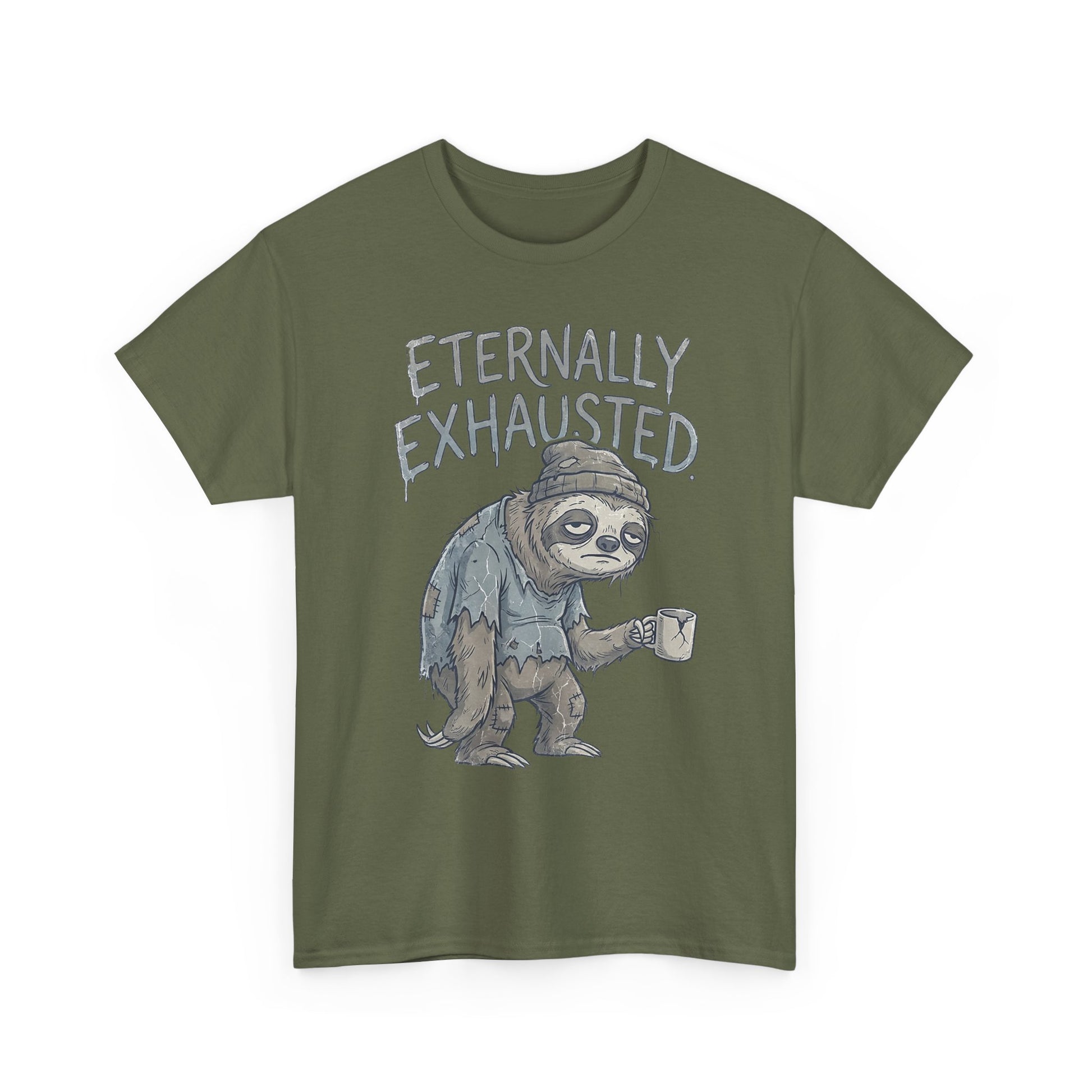 T-Shirt — 'Eternally Exhausted' Sloth Graphic Tee (Funny Coffee Lover Gift)