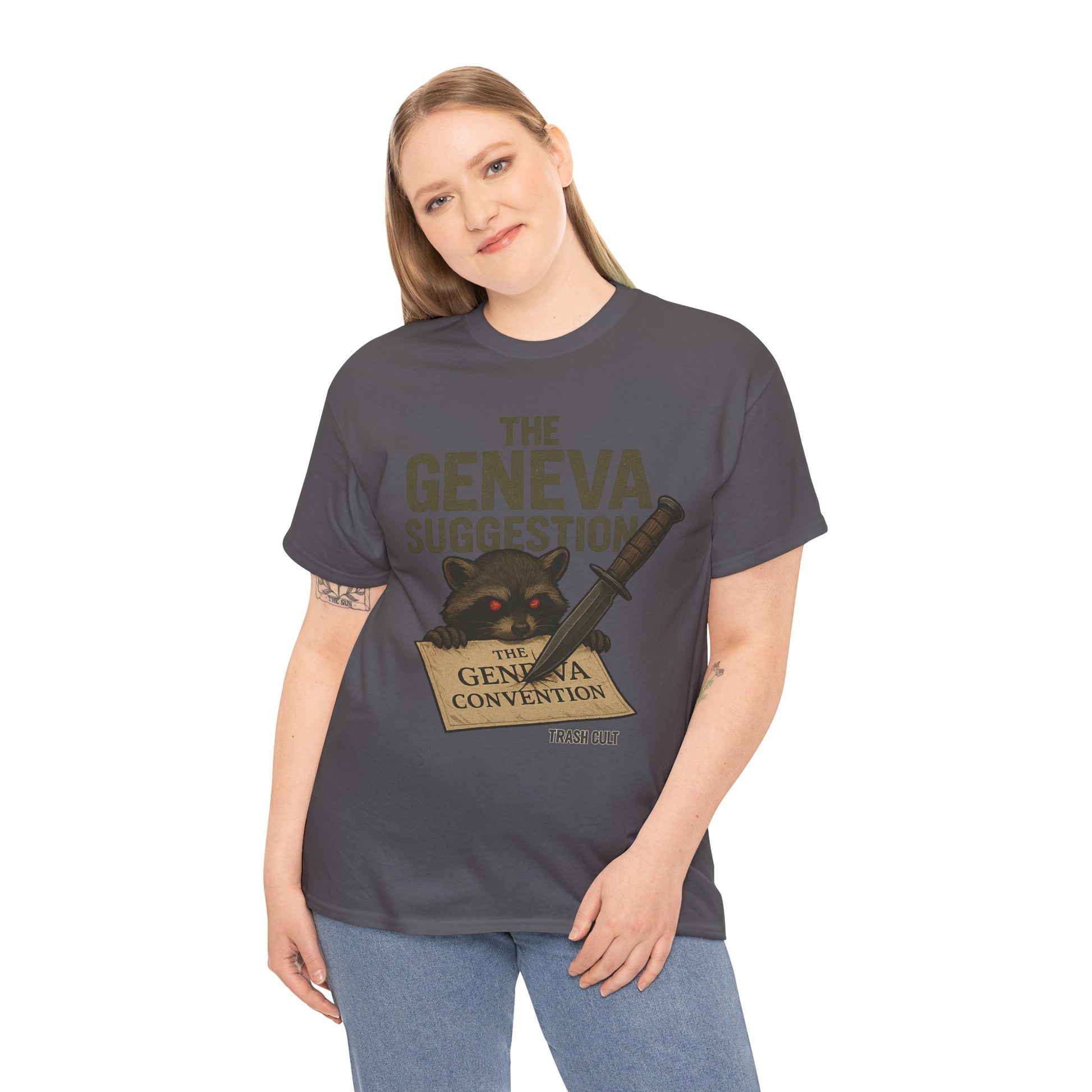 The Geneva Suggestion T-Shirt – Tactical Raccoon Dark Humor Tee | Trash Cult Supply Co. | Gildan 5000