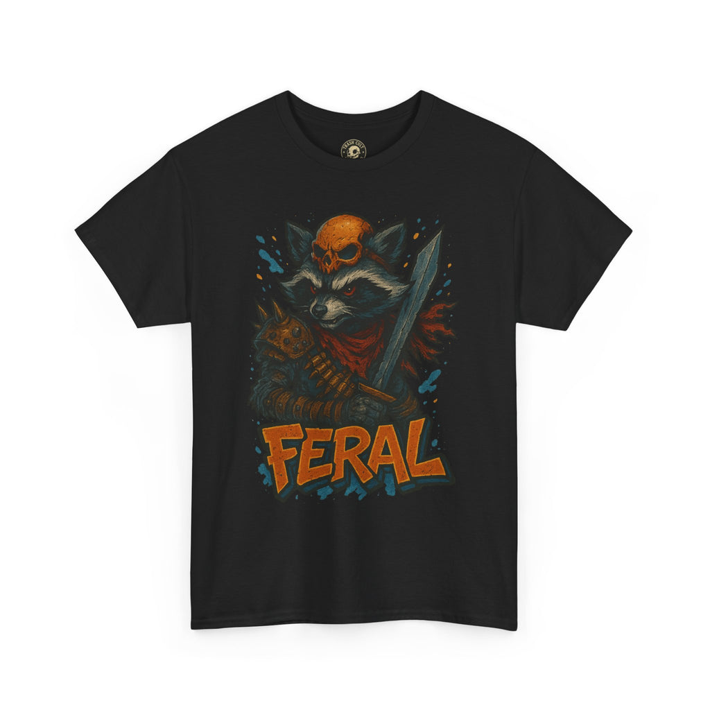FERAL Raccoon Warlord Shirt – Graffiti Street Art Animal Tee | Bold Post-Apocalyptic Design on Gildan 5000