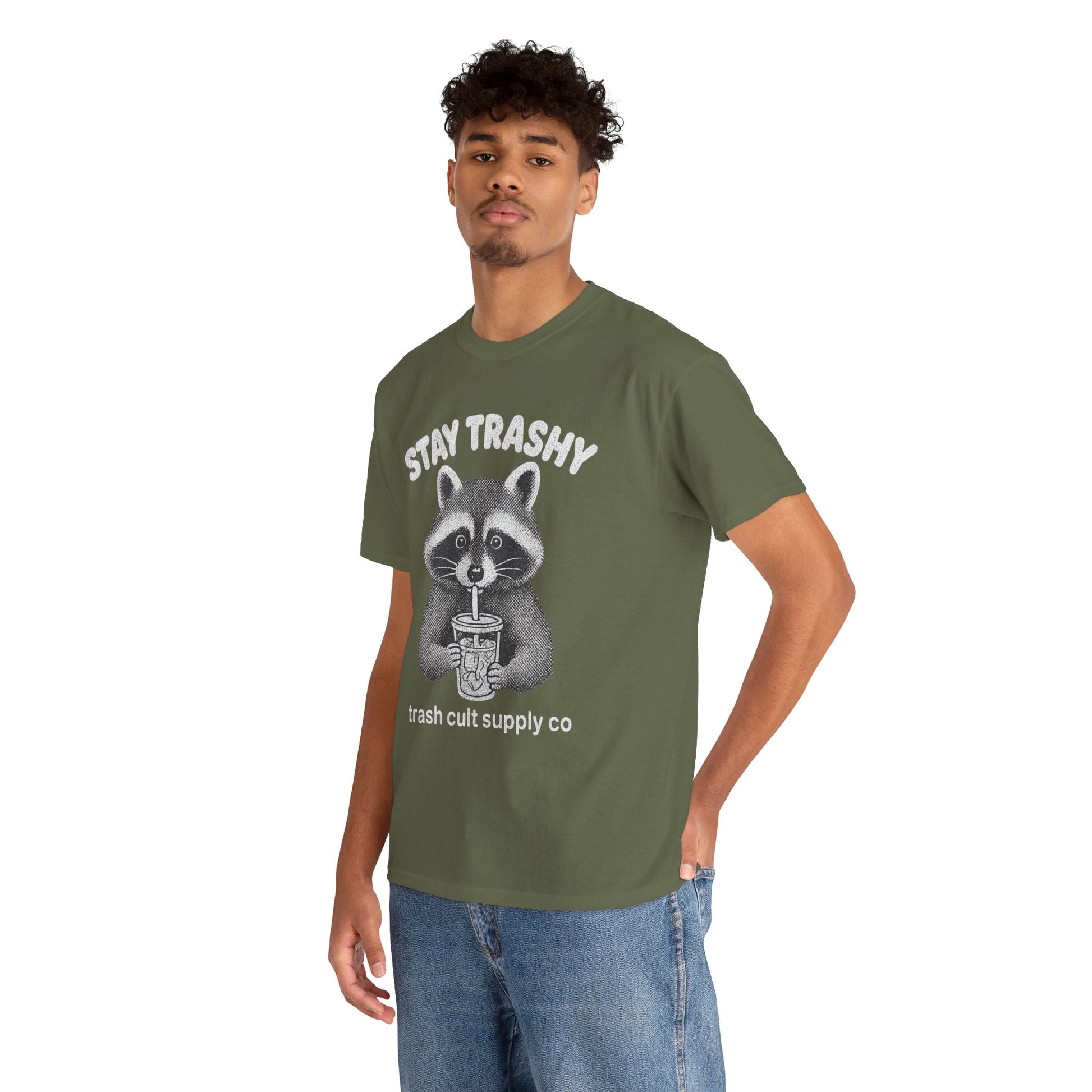 Stay Trashy Raccoon Iced Coffee Shirt – Halftone All White Design | Trash Cult Supply Co.