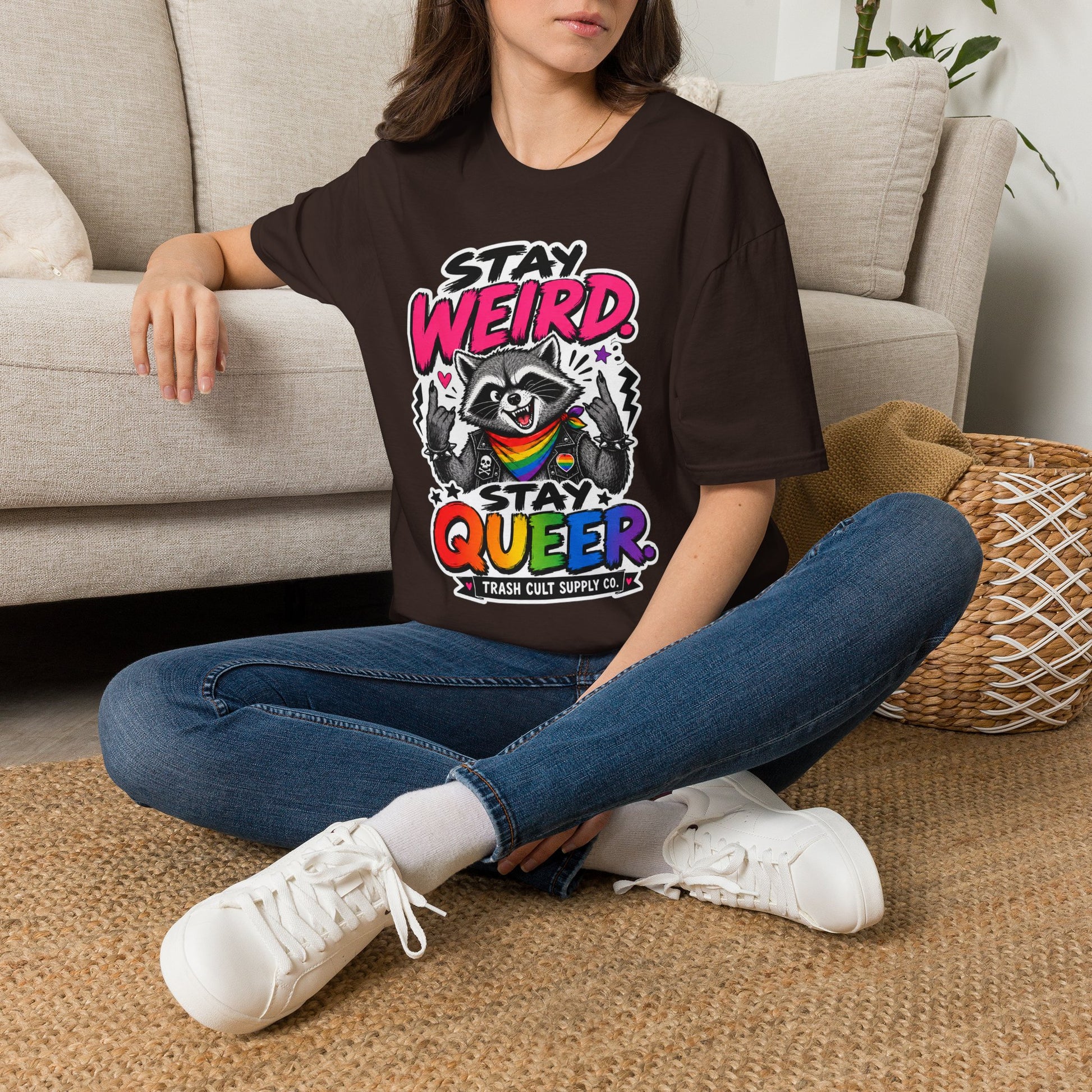 T-Shirt — "Stay Weird" Pride Raccoon Tee (Stay Queer)