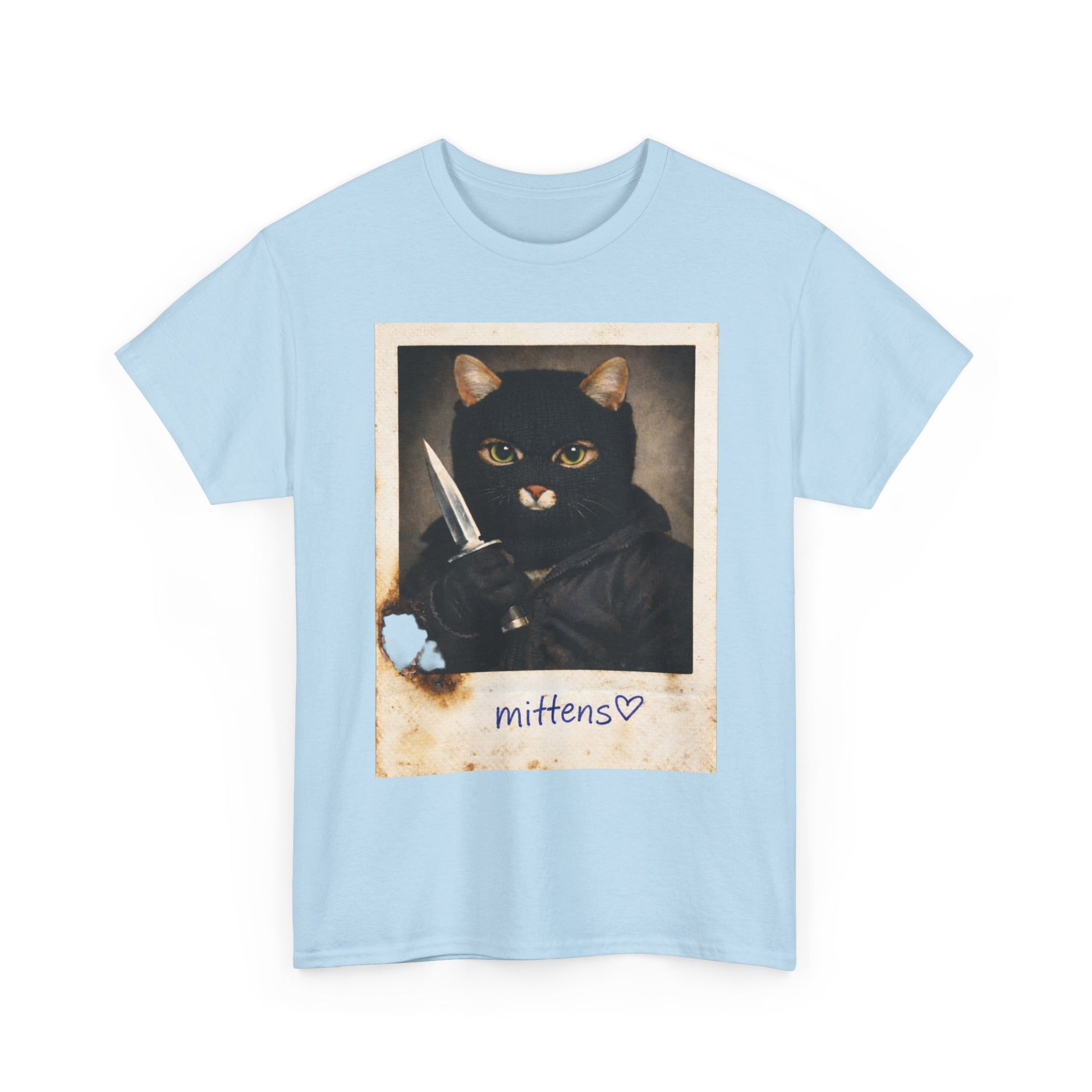 Cat With Knife Tee — "Mittens" Dark Humor Vintage Polaroid Graphic T-Shirt
